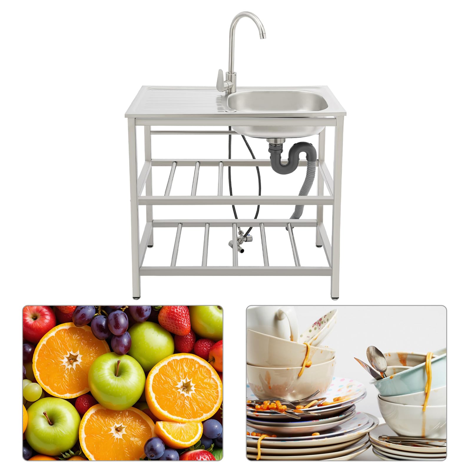 Lavello in acciaio inox freestanding 75 x 40 x 78 cm Lavello da banco