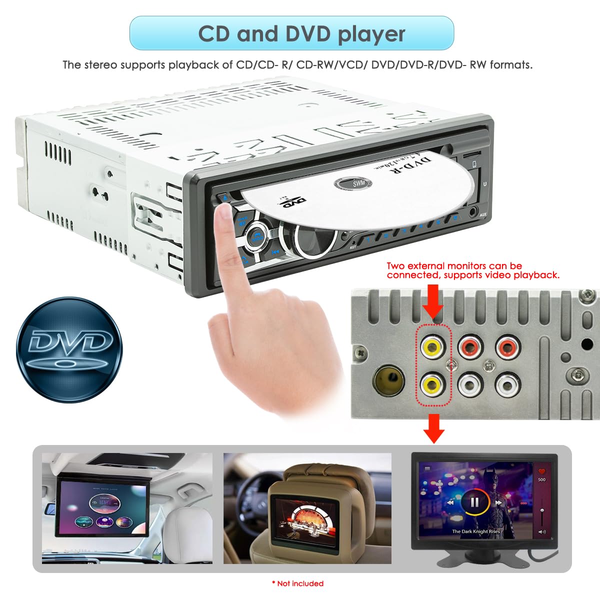 Radio de Coche con Reproductor de CD Bluetooth y Llamadas Manos Libres, Bluetooth 1 DIN USB/TF/Reproductor de MP3/entrada AUX, Radio FM/Am, RDS, RCA, función de búsqueda automática, 60 W x 4
