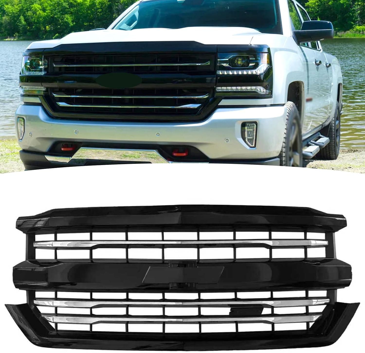 Front Grille Fit For 2016 2017 2018 Chevrolet Silverado 1500 Front Bumper Upper Gloss Black Grill Chrome Trim W/ Z71 Replacement for 84134045 84602489 (Gloss Black Frame+Chrome Trim)