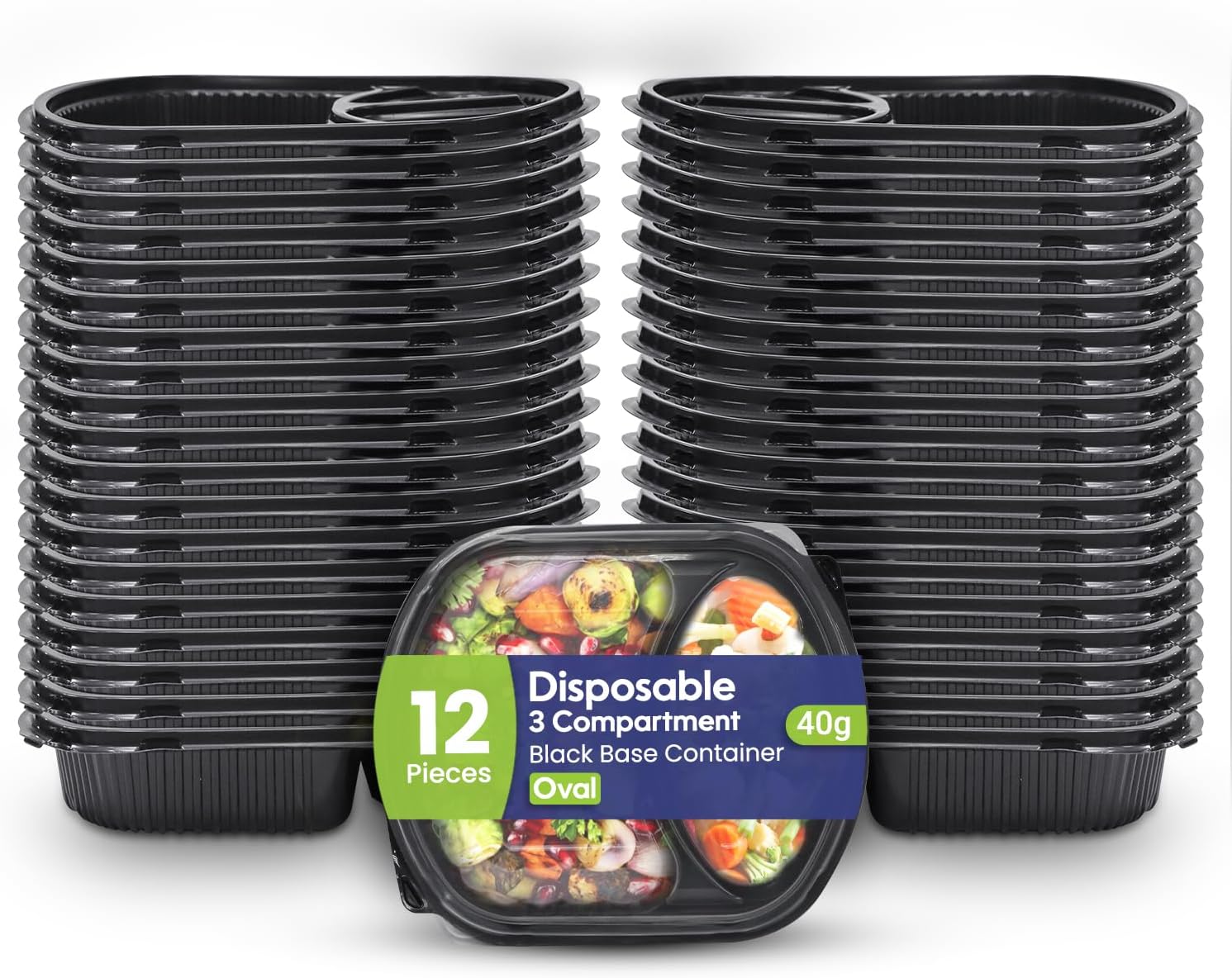 SNH Packing Disposable 12 Pack Oval Black Base Meal Prep Containers with Lids – 3 Compartment, Microwave, Freezer & Dishwasher Safe, Leak-Proof Food Storage Boxes