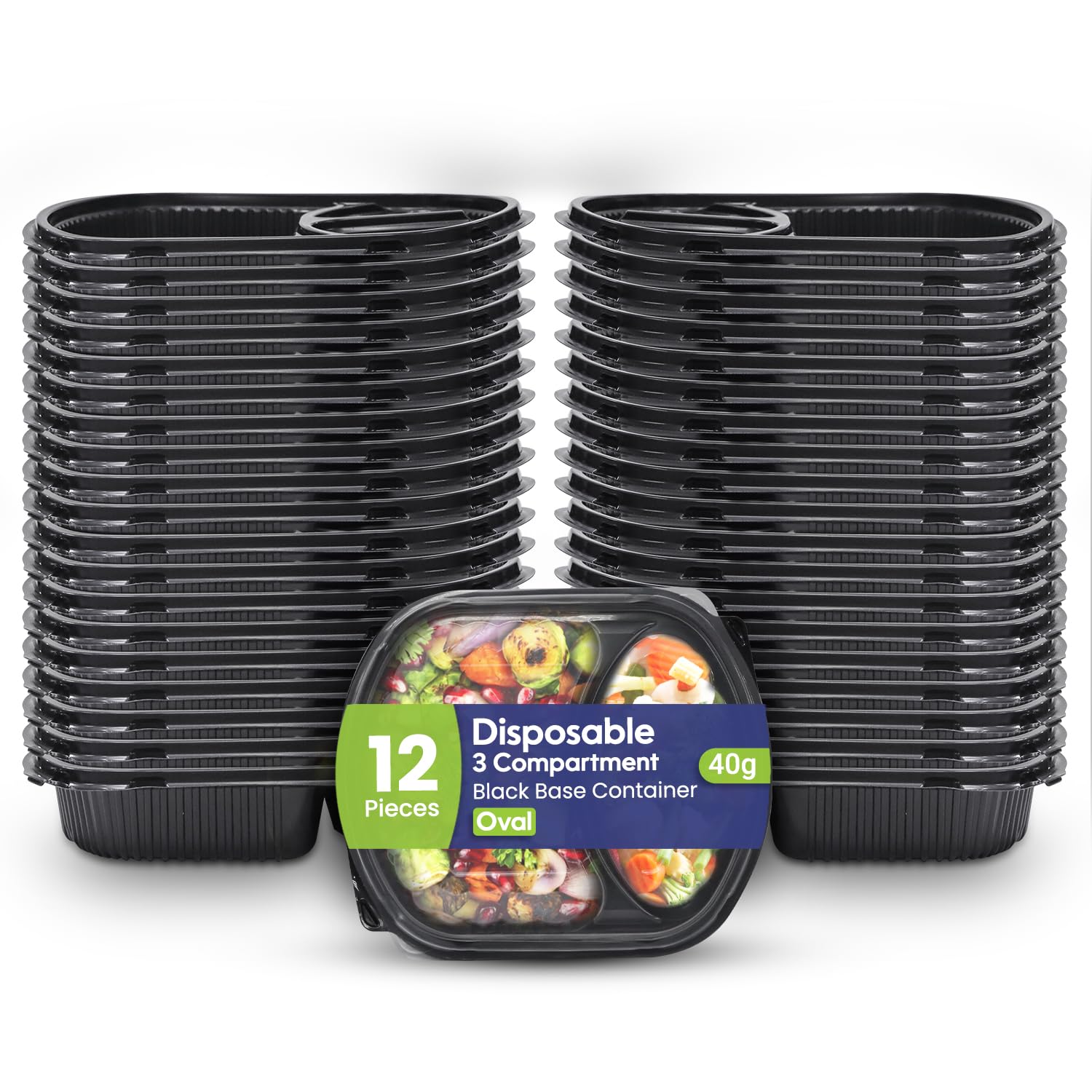 SNH Packing Disposable 12 Pack Oval Black Base Meal Prep Containers with Lids – 3 Compartment, Microwave, Freezer & Dishwasher Safe, Leak-Proof Food Storage Boxes