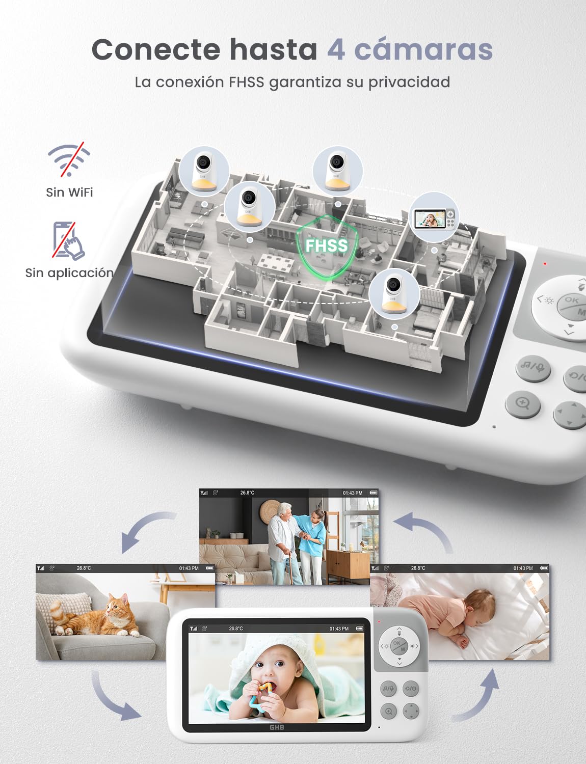GHB Camara Vigilancia Bebe 5" 720P HD IPS Rotación de 350° Vigilabebes con Camara con Luz Nocturna Ajustable Soporta 4 Cámaras Comunicación Bidireccional Escucha Bebes