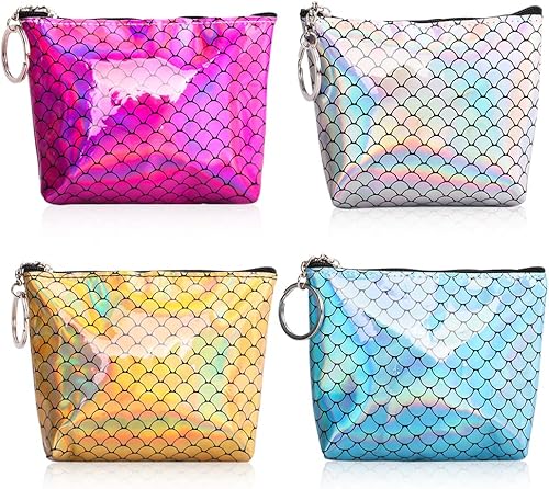 Oyachic 4 paquetes de monedero de cuero con escamas de peces, monedero con cremallera, carteras láser, para mujer, para tarjetas de crédito, 4