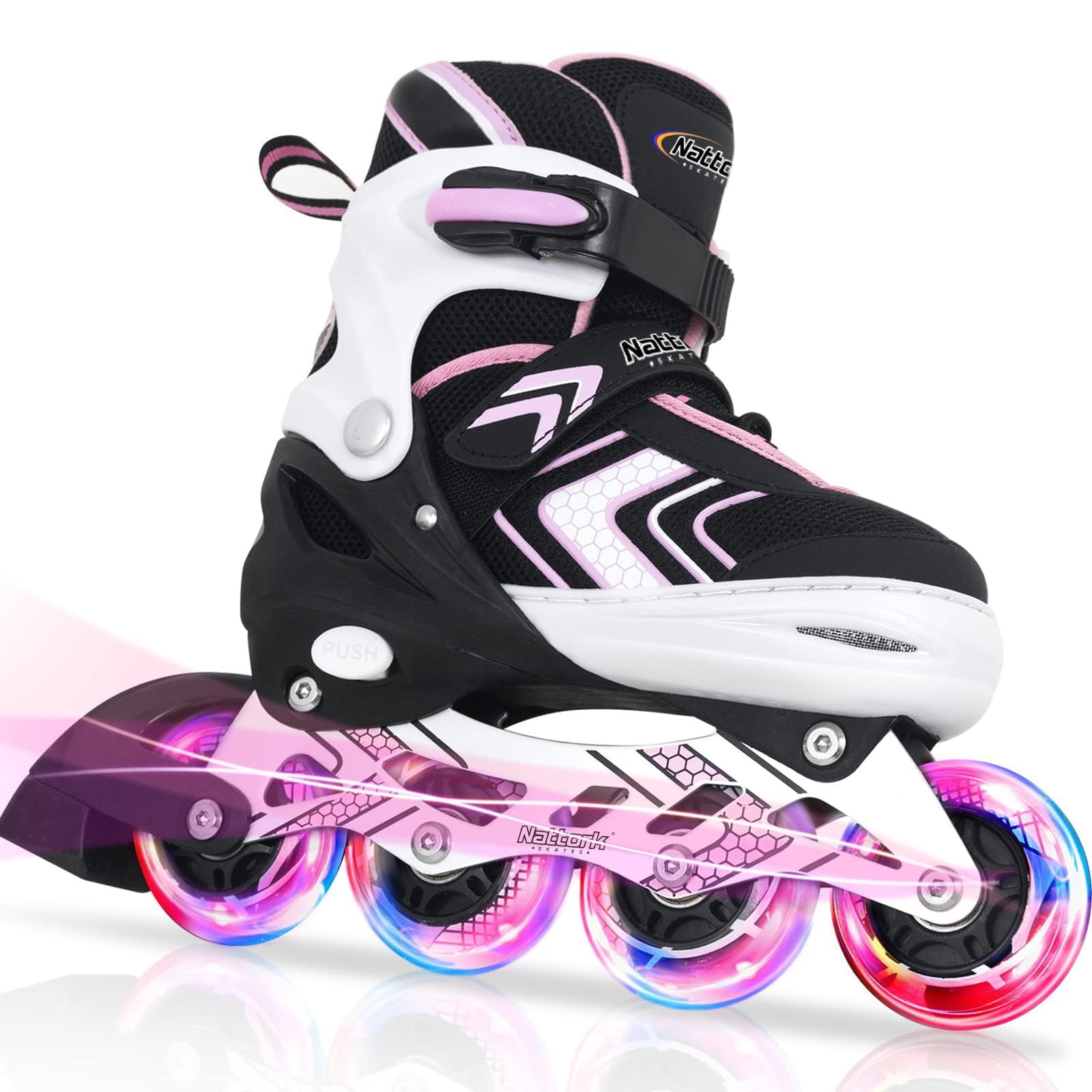 Nattork Adjustable Inline Skates for Girls and Boys with Full Light up Wheels, Beginner Roller Skates for Kids Youth Purple Pink Blue Black