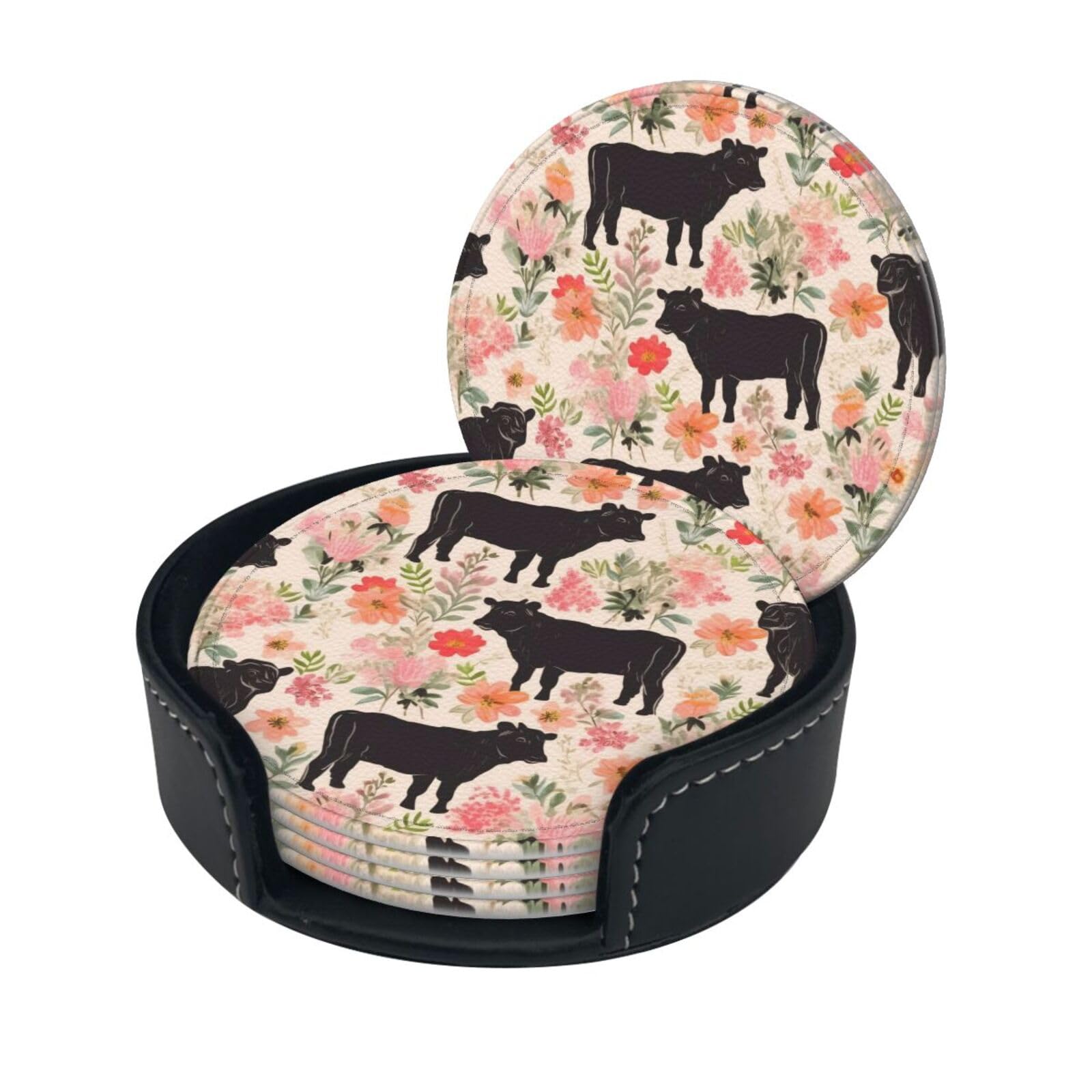 Stylish Coasters - Flower Show Steer Cows Cattle Set of 6 Round Leather Drink Coasters with Holder - Perfect Size for Cups and Glasses