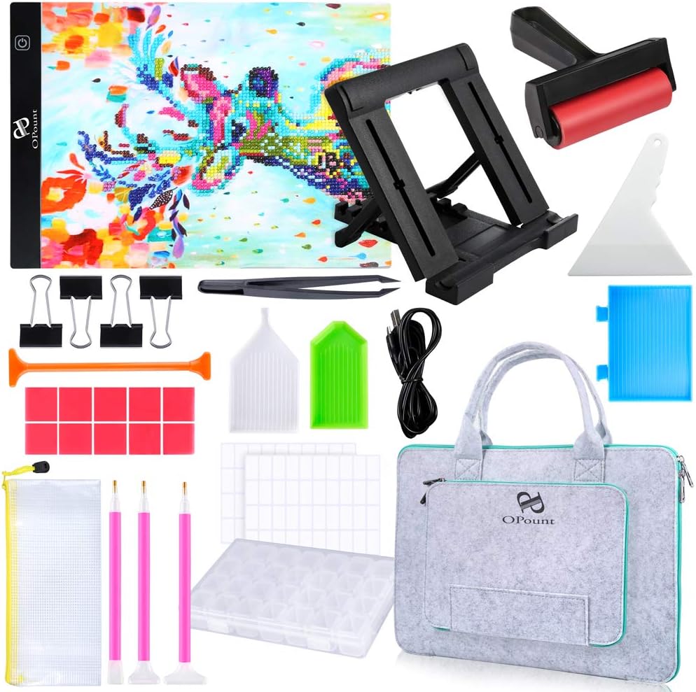 PP OPOUNT 31Pcs A4 LED Light Pad Kit with Diamond Painting A4 LED Light Board, Felt Hand Held Bag, Roller, Stand Holder, Diamond Embroidery Box and Diamond Painting Tools for Diamond Painting