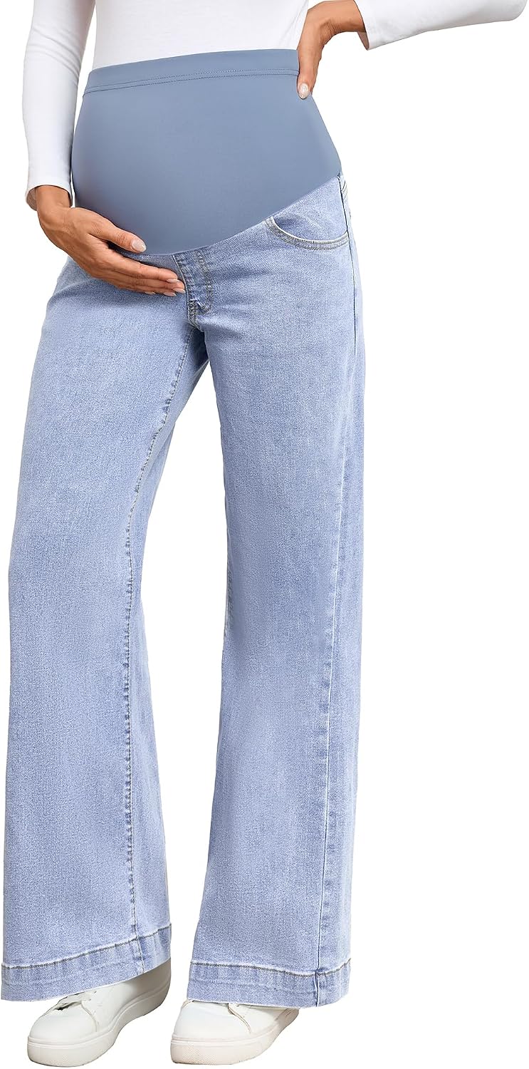 Genhoo Womens Maternity Jeans Wide Leg Over Belly Stretch Maternity Pants