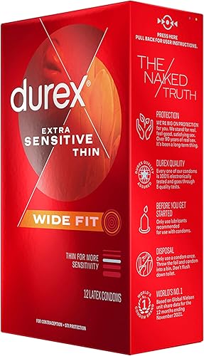 Miniatura 11 de Durex Preservativos de látex extra sensibles lubricados ultra finos de alta calidad, ajuste ancho, 12 unidades