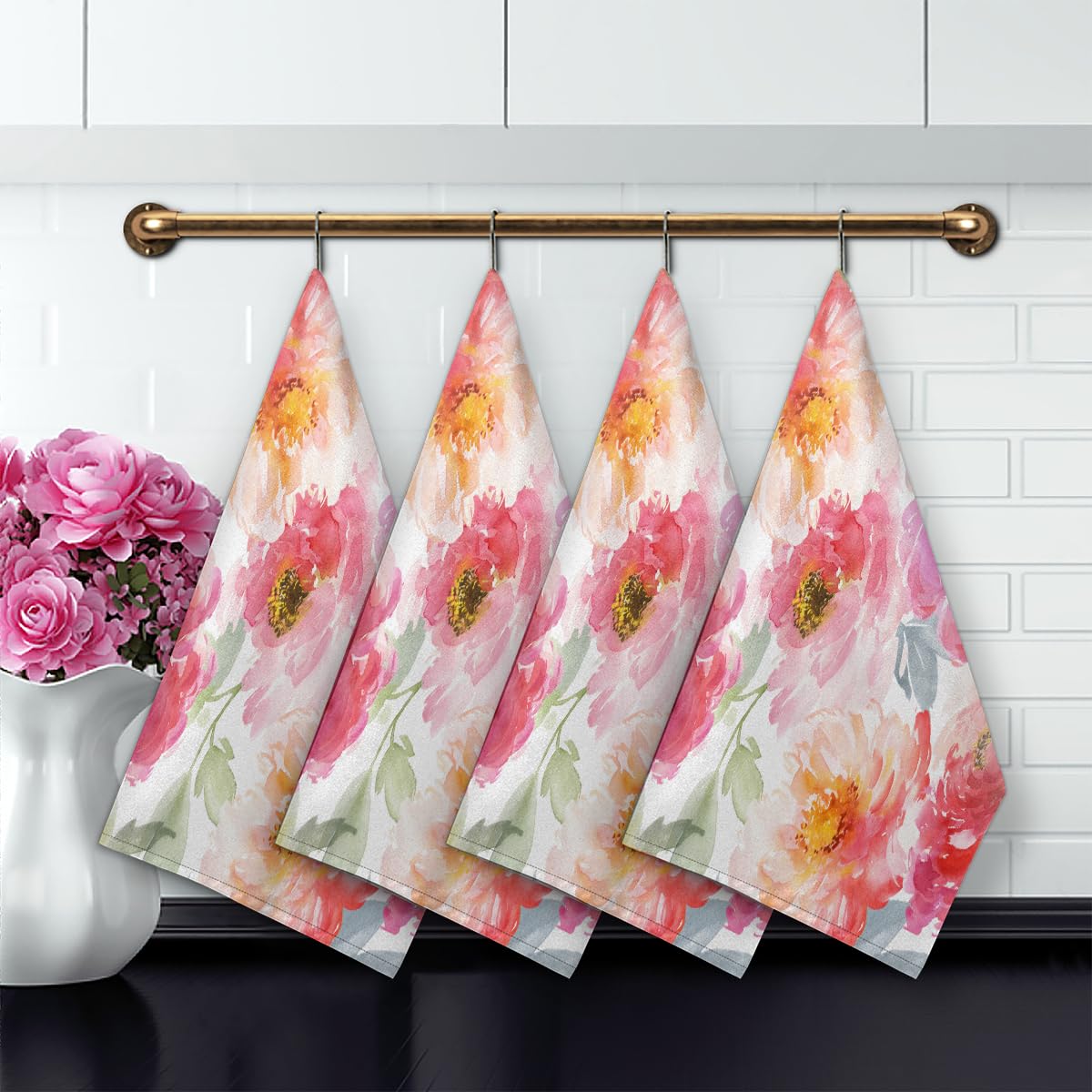 Set Di 2 Strofinacci Da Cucina Primaverili - Motivi Fiori E Farfalle, Microfibra Assorbente 40x59 Cm