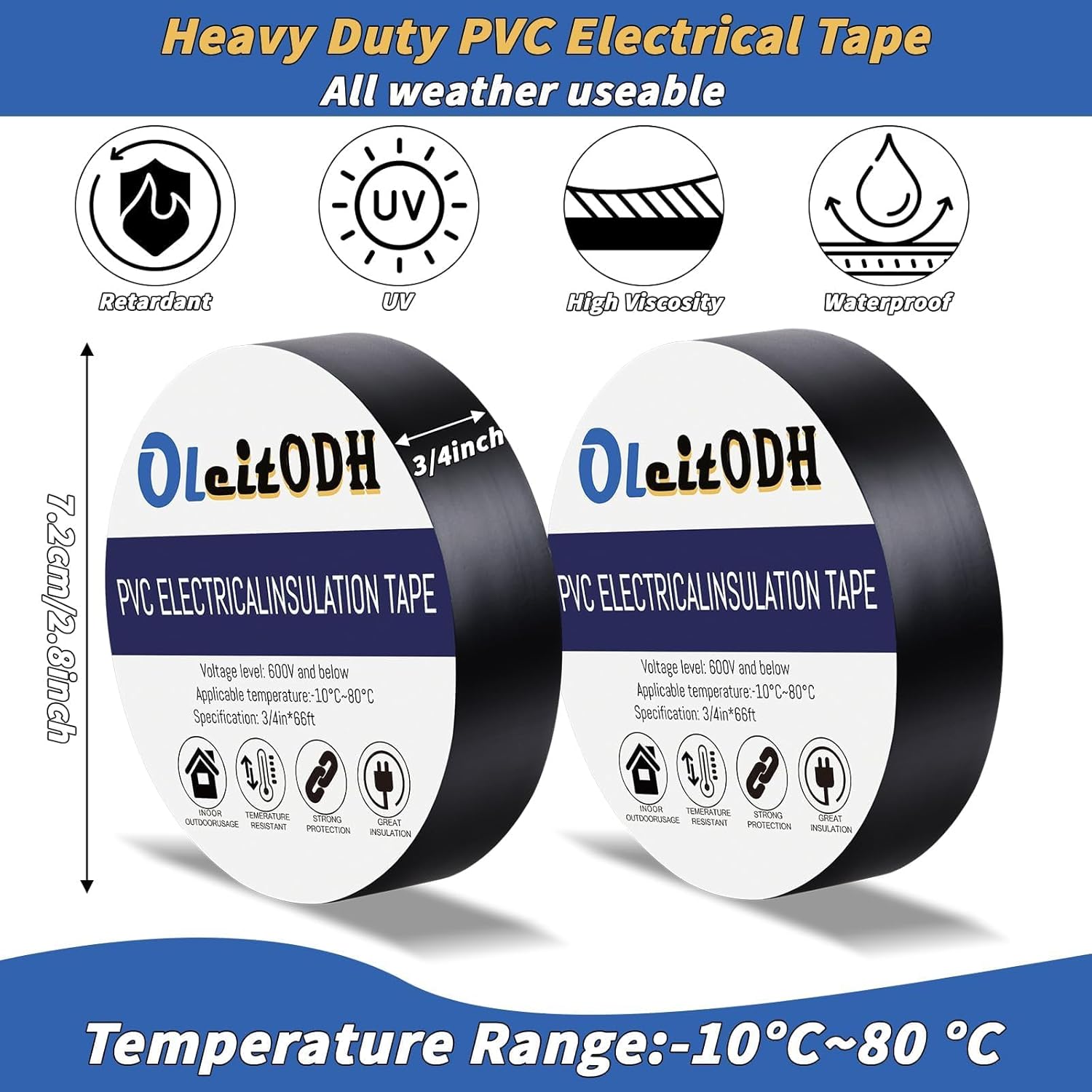 50 Pack Black Electrical Tape 3/4 in x 66 ft Waterproof Vinyl Electrical Insulating Tape High Temperature Resistance Electric Tape Under 600V Home Outdoor Multipurpose