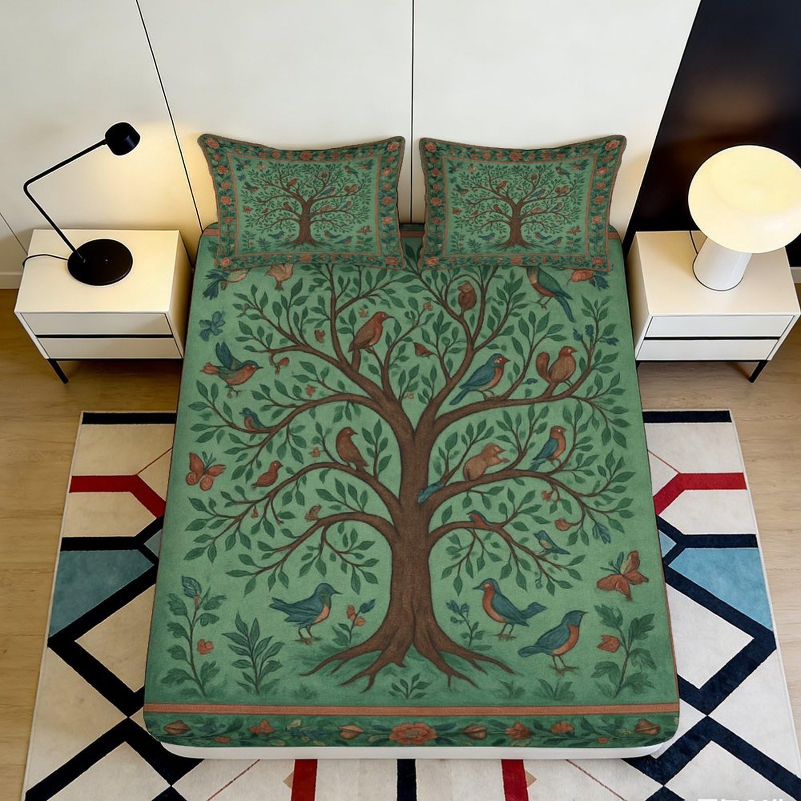 3D Printed Tree Animal Fitted Sheet Microfiber Deep Pocket Bedroom Bedding Tree Mattress Fitted Cover Non-Slip Full Wrap for Adults Teens 180x200x25cm