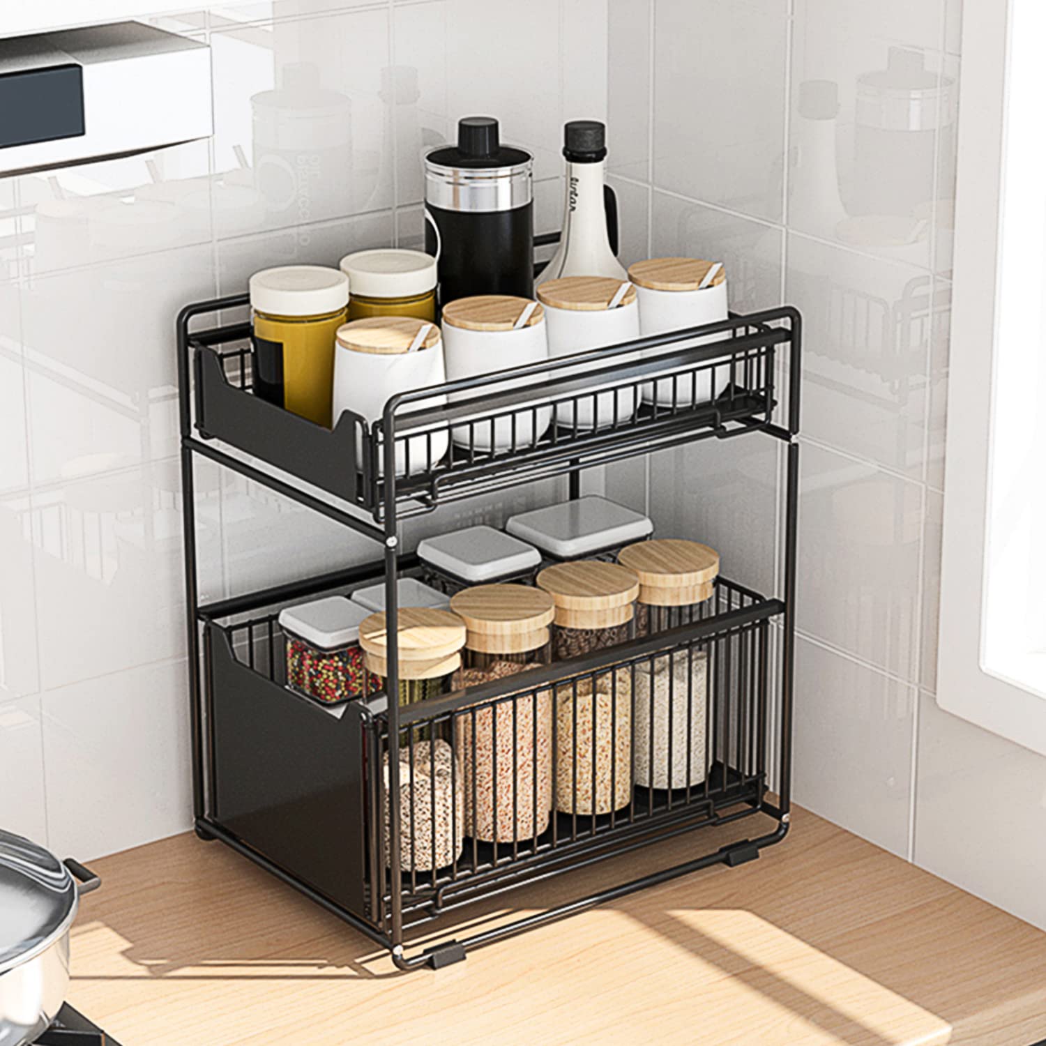 MINGYI Rangement Sous Évier à 2 Niveaux, Panier de Rangement Coulissant, Étagères à Épices Coulissante, Étagère Rangement pour Cuisine, Bureau, Salle de bain, 37,4×26,5×44 cm (Noir-2 pcs)