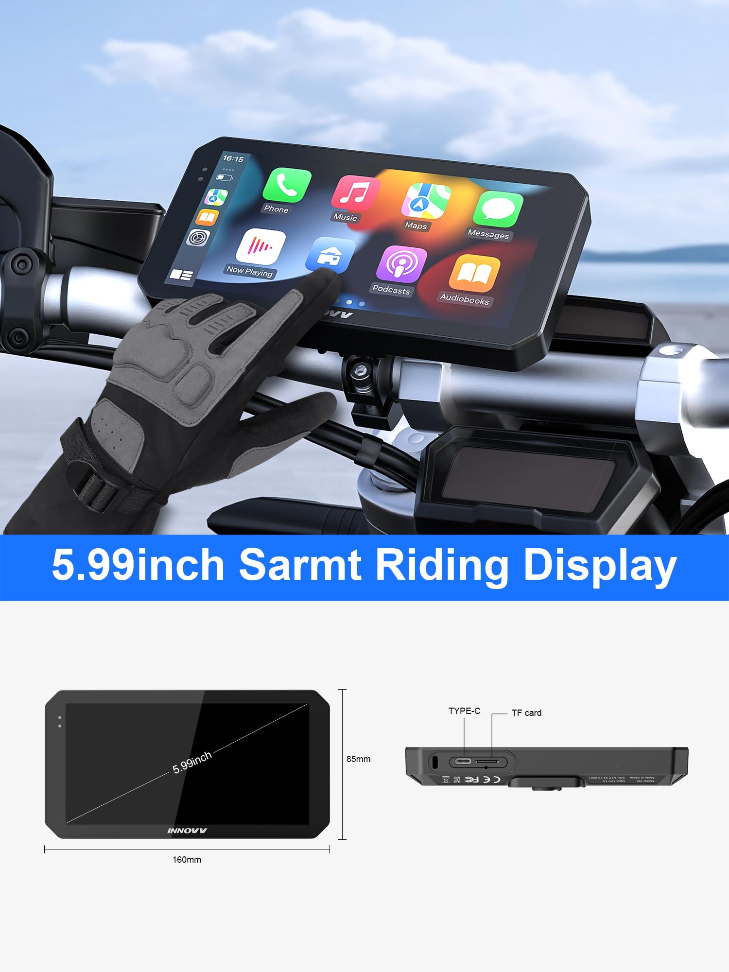 INNOVV N2 - Dash Cam per moto Carplay, touch screen da 6 pollici, supporta Android Auto e iOS, fotocamera anteriore e posteriore 2K 2K con navigazione GPS, modalità parcheggio, musica, Wi-Fi 5.8G