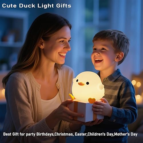 Miniatura 5 de HAPPYBAG Linda luz nocturna de pato guisante, lámpara de pato, 2 niveles de luz de pato de silicona regulable, luz LED blanda para dormir de los