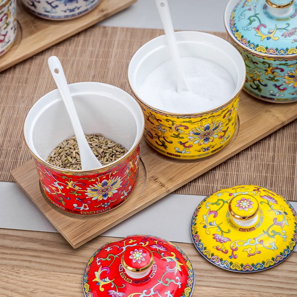 ULTRAWAVE Barattolo per condimenti in ceramica smaltata colorata barattolo per condimenti in stile cinese con coperchio, barattolo per olio e sale, per uso domestico, olio di peperoncino, condimento