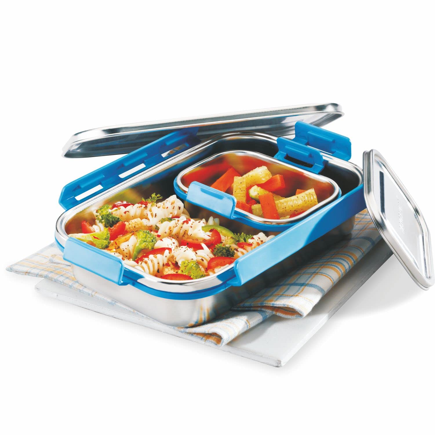 Signoraware 1000ml+240ml Steelion Compact Lunch Boxes for Men Women Kids with Steel Lid with Clip Lock/Air Tight Spill Proof/Food Grade Bpa Free Container for Office School (Rectangle| Blue) (B0C28HVK6P) Amazon Price History, Amazon Price Tracker