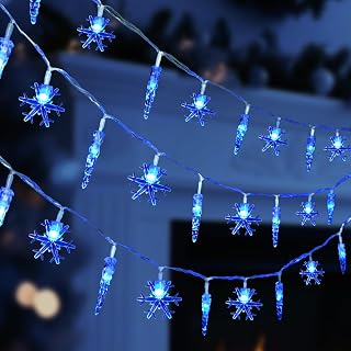 Christmas Icicle Light,19.6ft 40 LED Blue Icicle Snowflake String Lights Outdoor, Hanging Icicle Christmas Lights for Eave Holiday Garden Outdoor Xmas Decorations