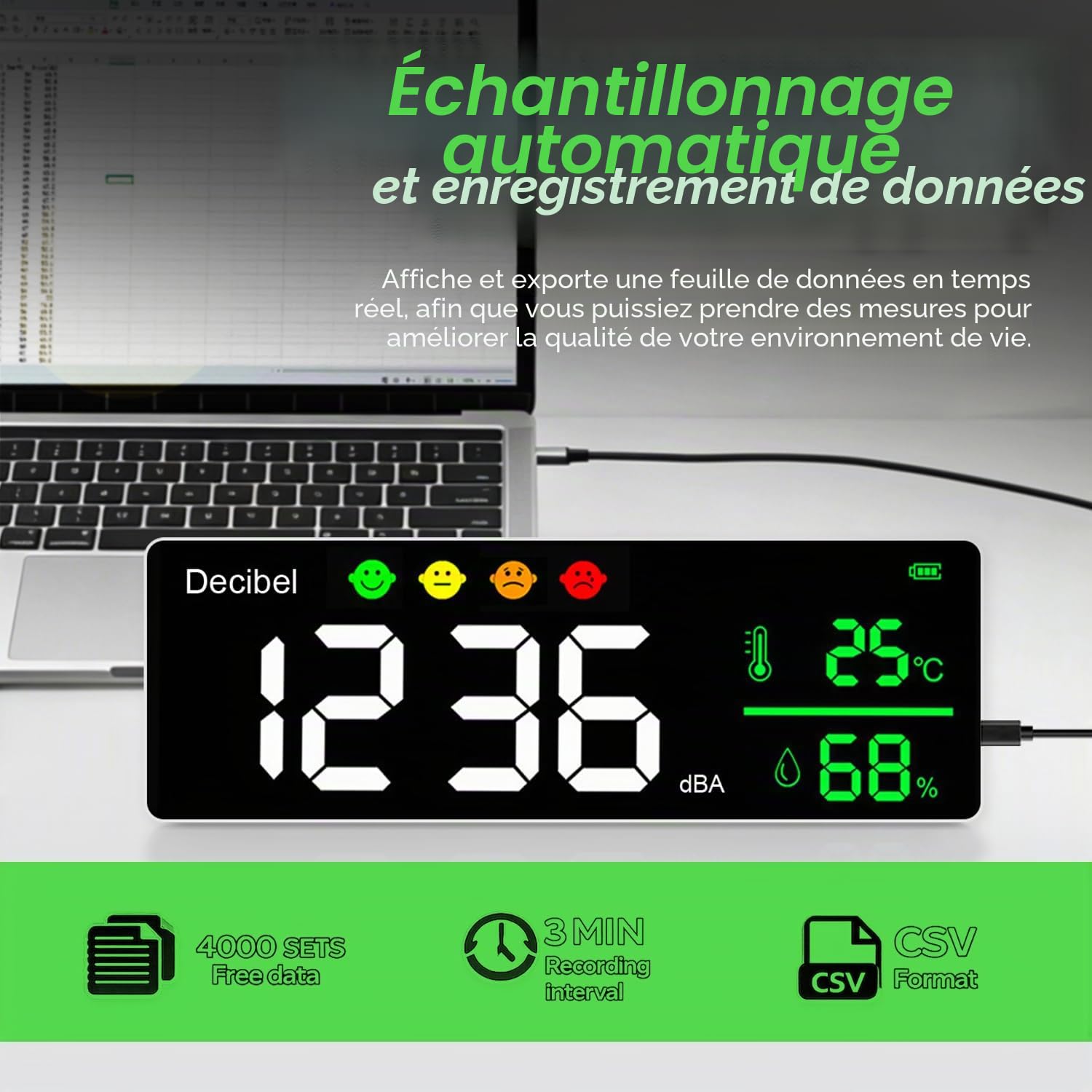 Sonomètre professionnel avec enregistrement de données, décibels de bruit numérique 30-130 dBA, moniteur de température et d'humidité, export de type C, fonction d'alarme pour lieu de travail