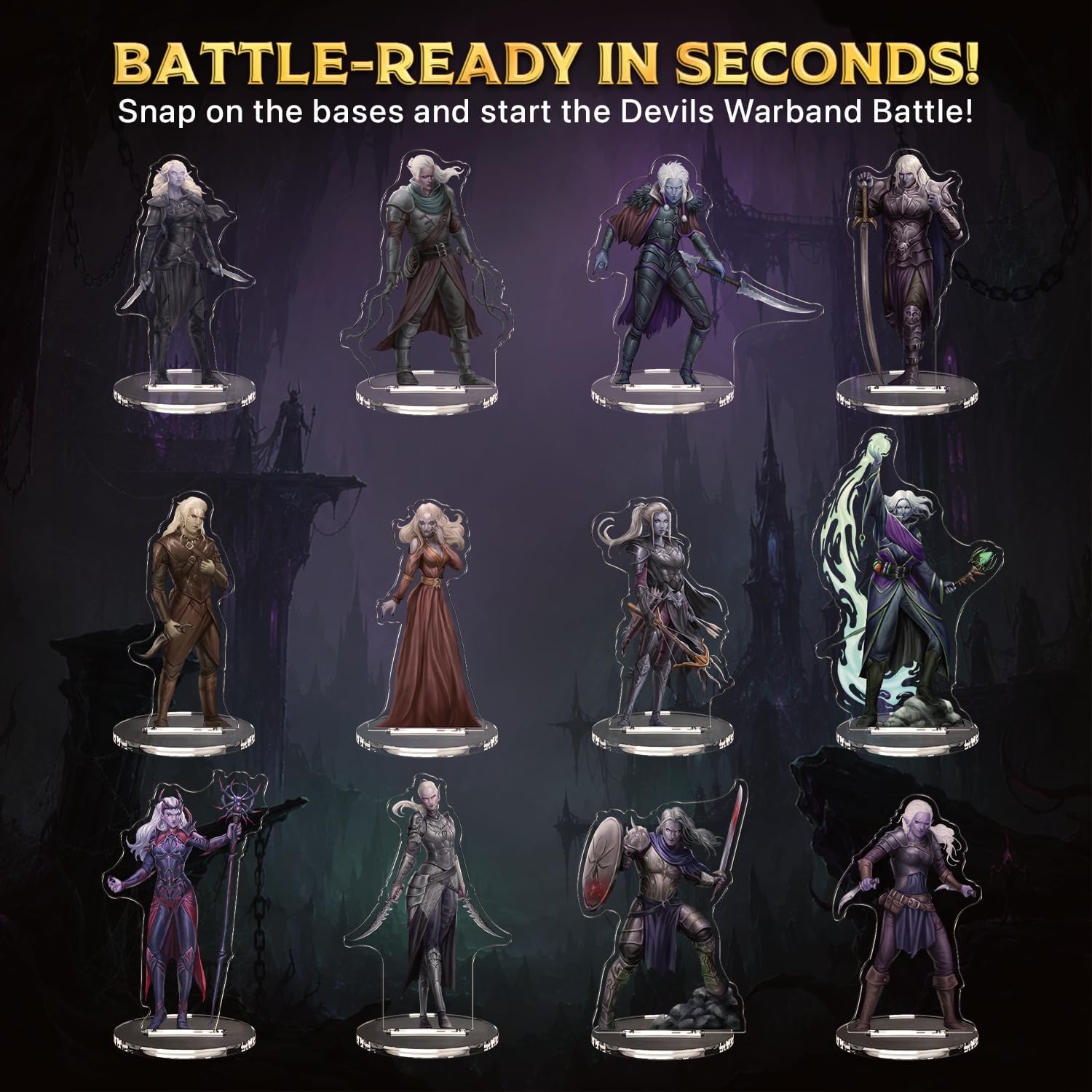 Skinny Minis Drow Villains Miniatures Set, 12 Double-Sided Flat Minis, 2D NPC Minis for Tabletop Game, DND Compatible, 5e &Pathfinder Miniatures for TTRPG