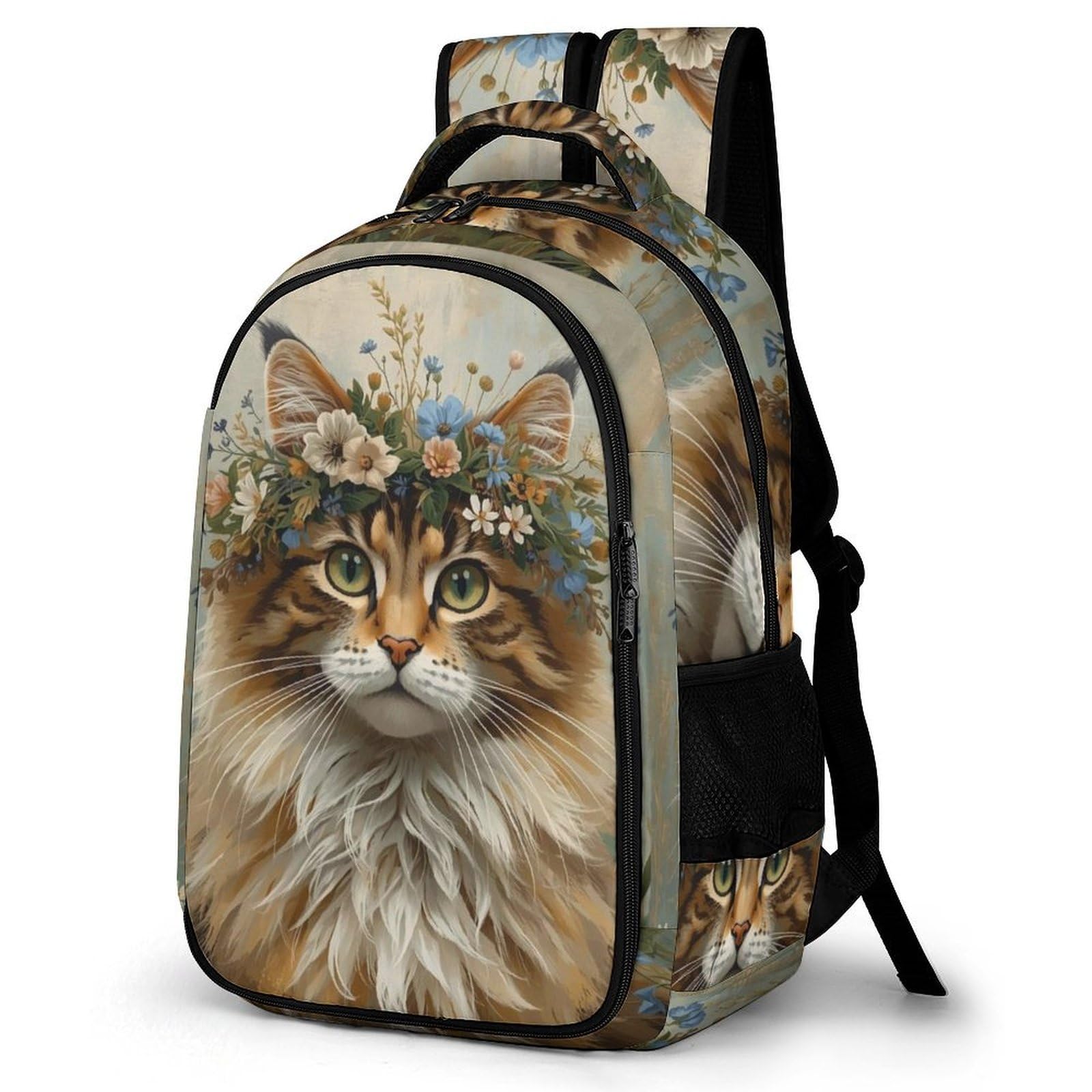 Cat with A Wildflower Crown Lightweight Laptop Backpack for School,Travel,Work - Unisex Daypack with Front & Side Pockets