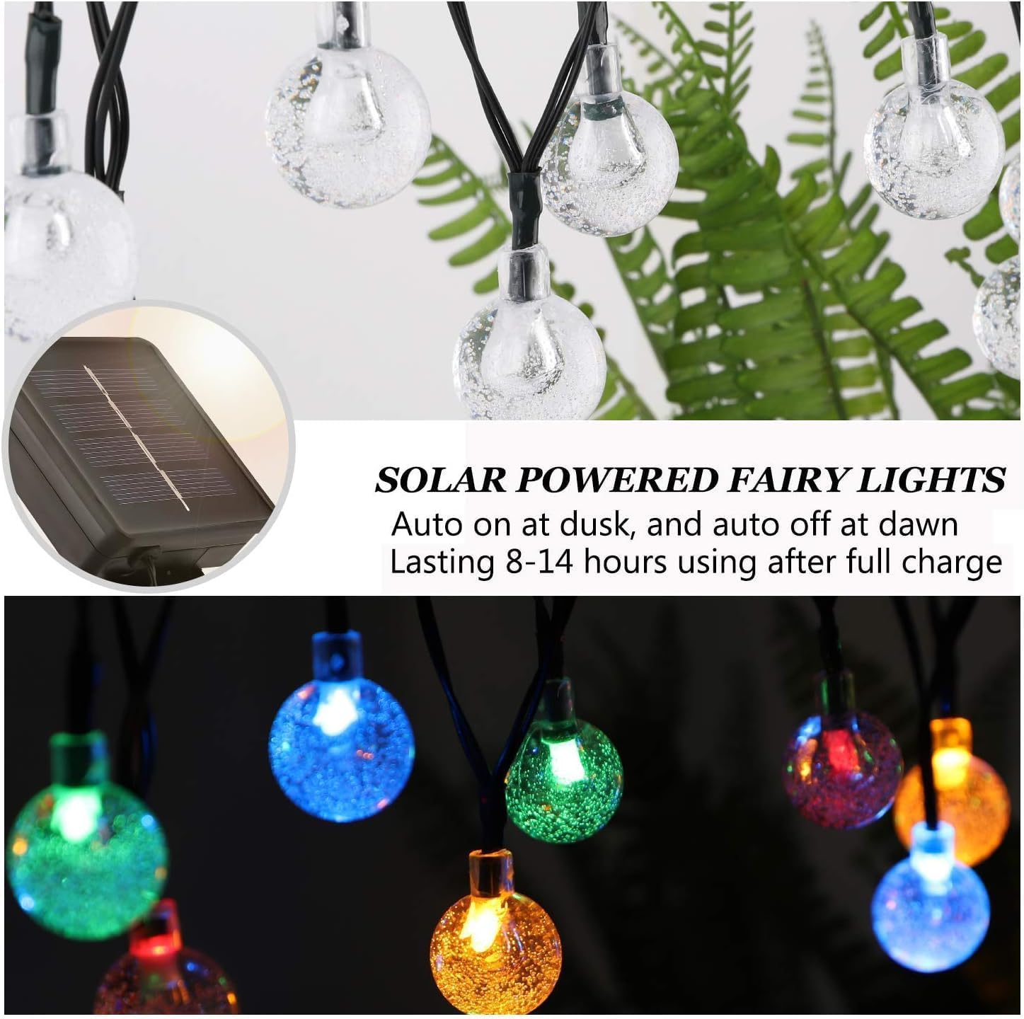 Solar String Lights, Small Crystal Ball ，Outdoor String Light 60 LED 40ft 8 Lighting Modes Waterproof Solar Powered Patio Solar Light for Garden Yard Porch Wedding Party Decor (Rainbow-Colored)