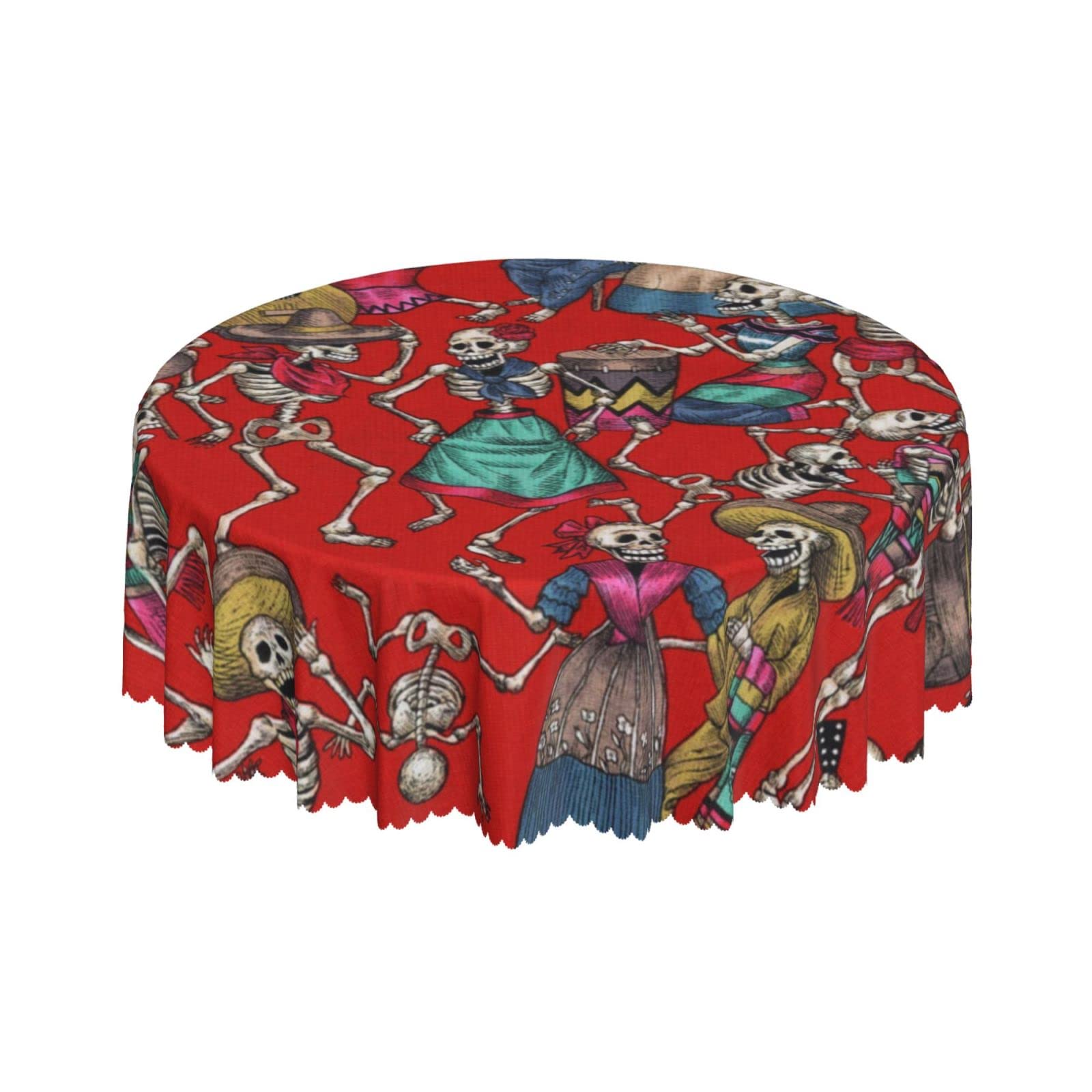 Lsjuee Skeleton Music Dance Red Round Tablecloth 60 Inch Printed Washable Tablecloth for Dining Party Holiday Fall Home Decorative