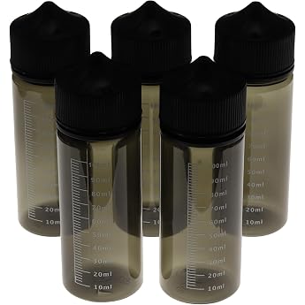 DIY-24H Pack of 5 empty bottles 120 ml with measuring scale in black dropper bottles for oils or liquids with child-proof closure