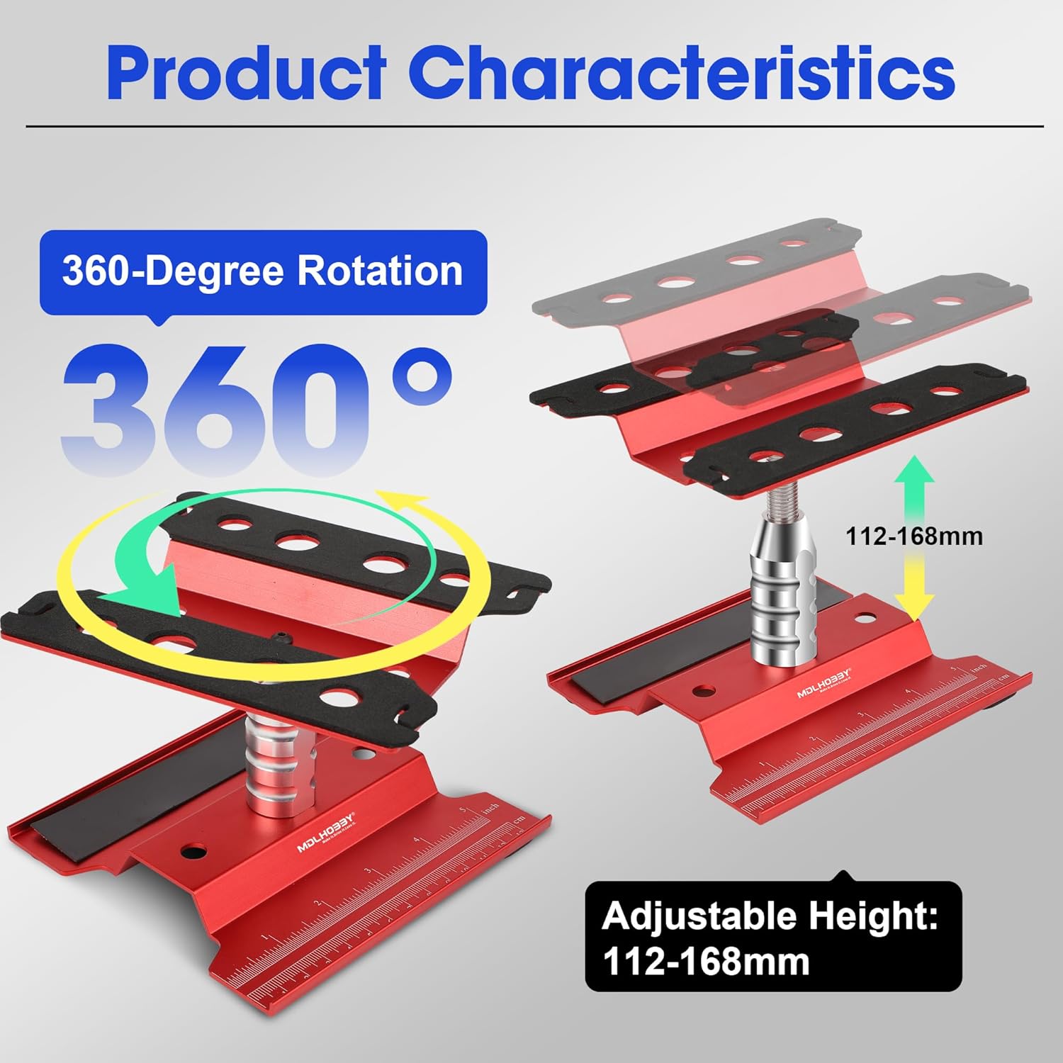 RC Car Work Stand Aluminum Repair Workstation with 360-Degree Rotation, Screw Tray, Lift & Lower for 1/10 1/12 1/16 Scale RC Crawler, Monster Truck, Buggy Compatible with RC Car Work Stand