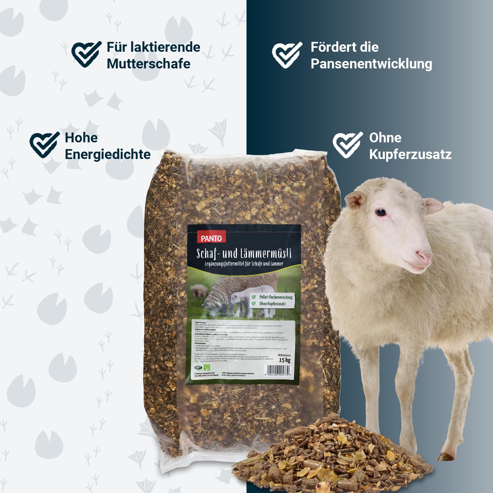 PANTO Schaf- und Lämmermüsli 15kg – hochwertiges Kraftfutter Schafe und Ziegen, Pellet-Flocken-Mischung, Schaffutter mit Vitaminen und Mineralien, für Ziegen geeignet