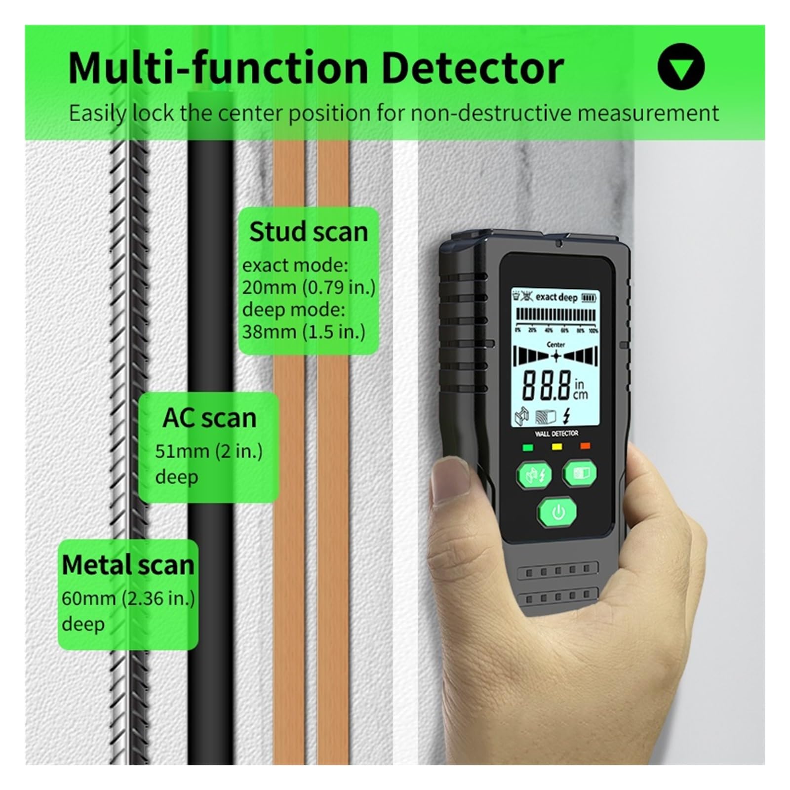 Detector De Vigas, Escáner Pared, Cables, Rastreador Profundidad, Metales, Electrónico, Retroiluminado, Negro, CA, Buscador Madera DeteccióN De Alta PrecisióN