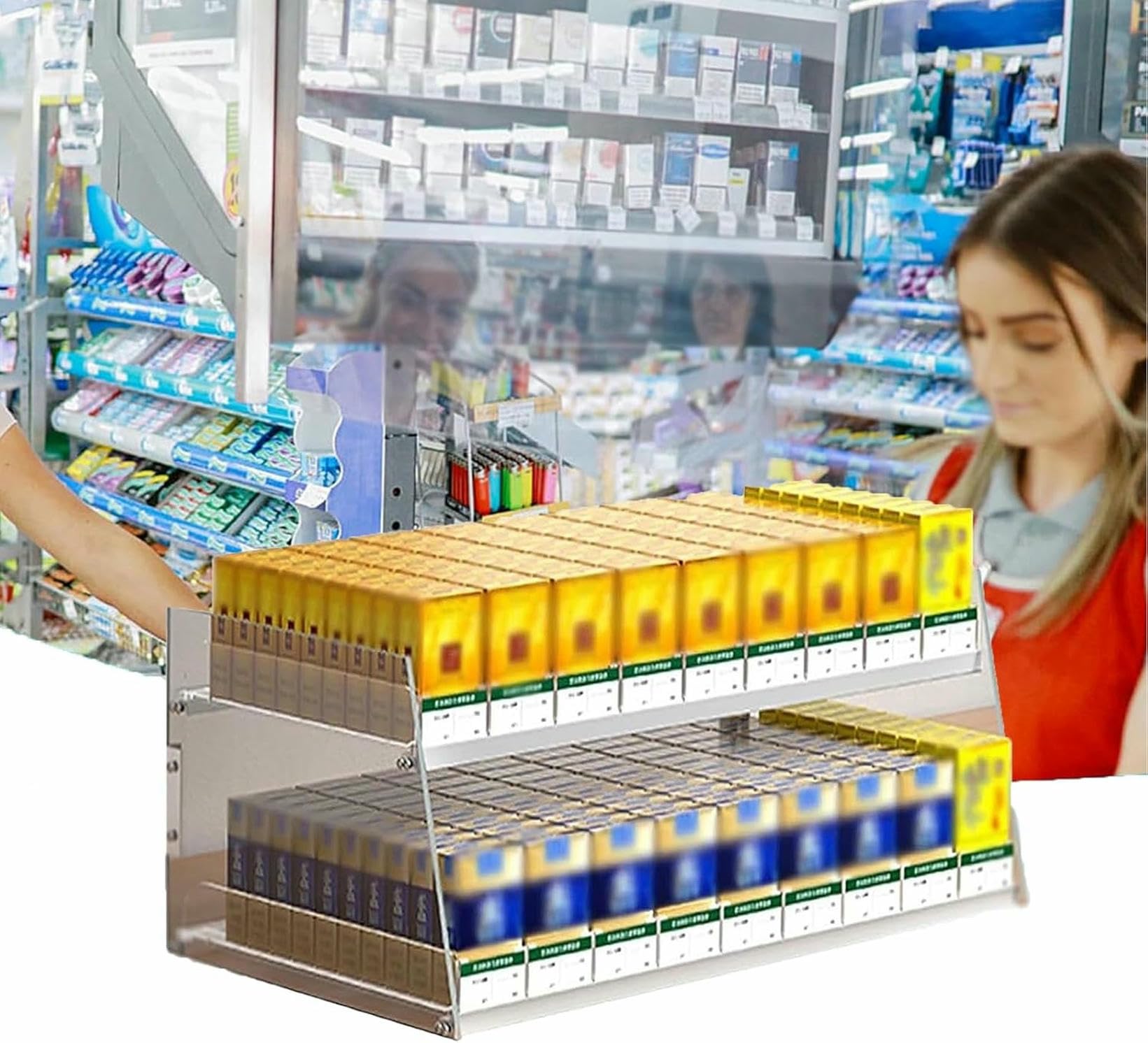 Vitrine acrylique pour cigarettes avec plateau de poussée automatique et kit de montage