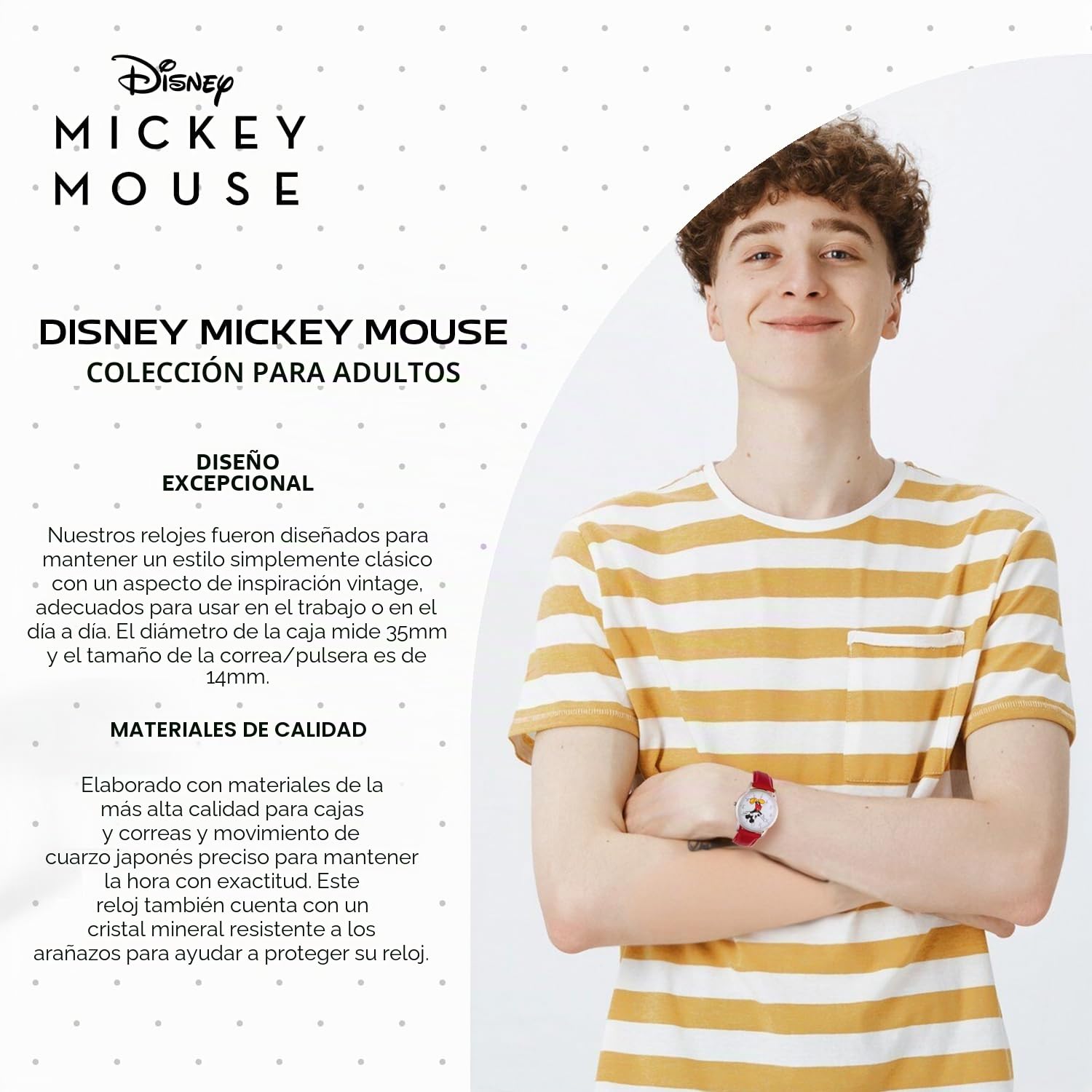 Disney Mickey Mouse - Reloj analógico de cuarzo con correa de piel y manecillas articuladas para adultos