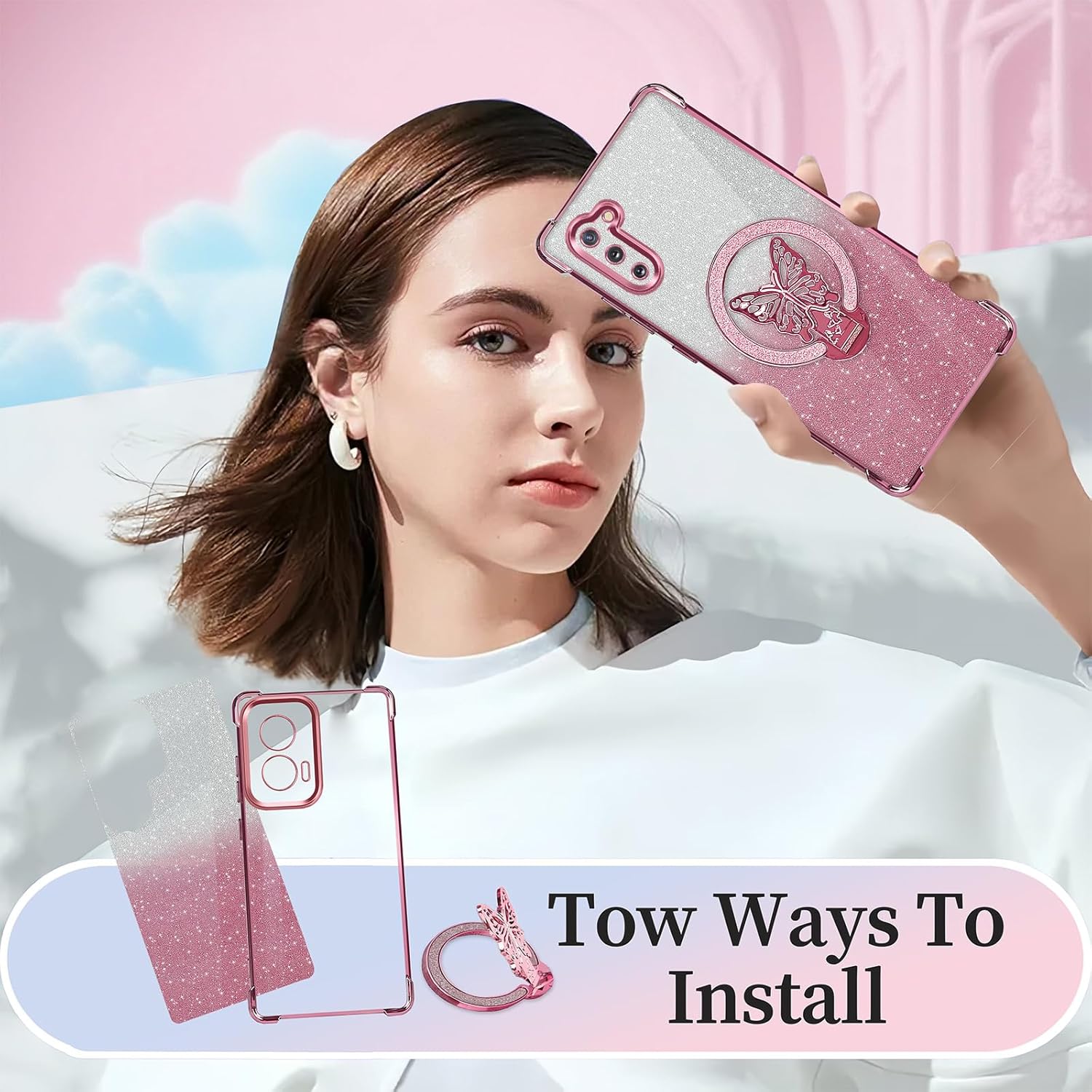 for Samsung Galaxy Note 10 Case with Stand [Compatible with Mag Safe], Galaxy Note 10 Phone Case with Kickstand Shockproof Protective Soft Cover Bling for Women, Pink - Image 5