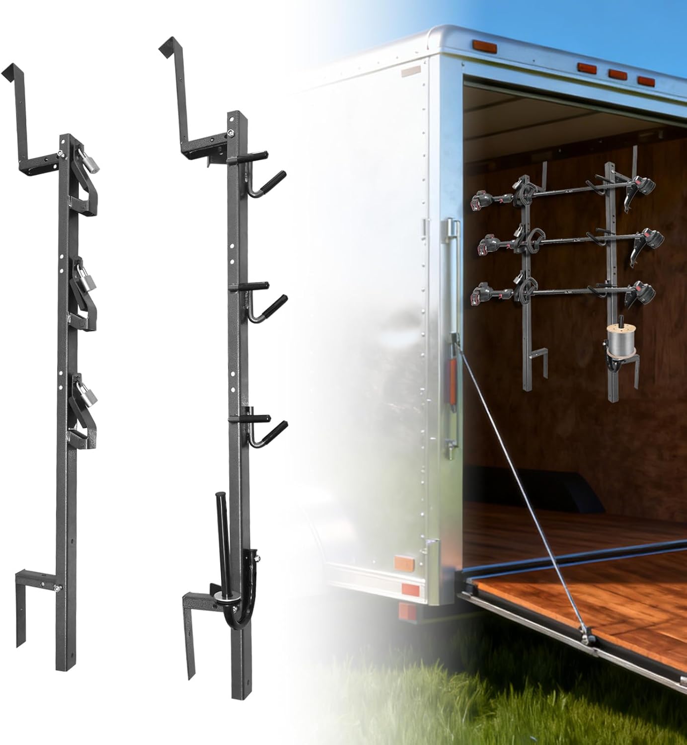 4 Place Trimmer Weed Eater Rack for Enclosed and Open Trailer Walls Landscape Truck Weedeater Rack Carrier Holder with 4 Lock-Black