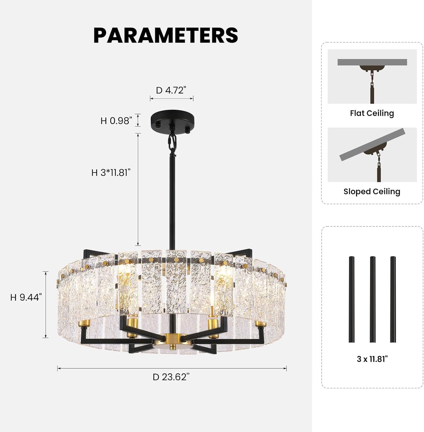 23.62" Gold Water Ripple Glass Chandeliers, 6-Light Modern Round Chandelier, Luxury Drum Chandelier Lighting Fixtures for Living Room Dining Room Kitchen Bedroom Foyer Hotel