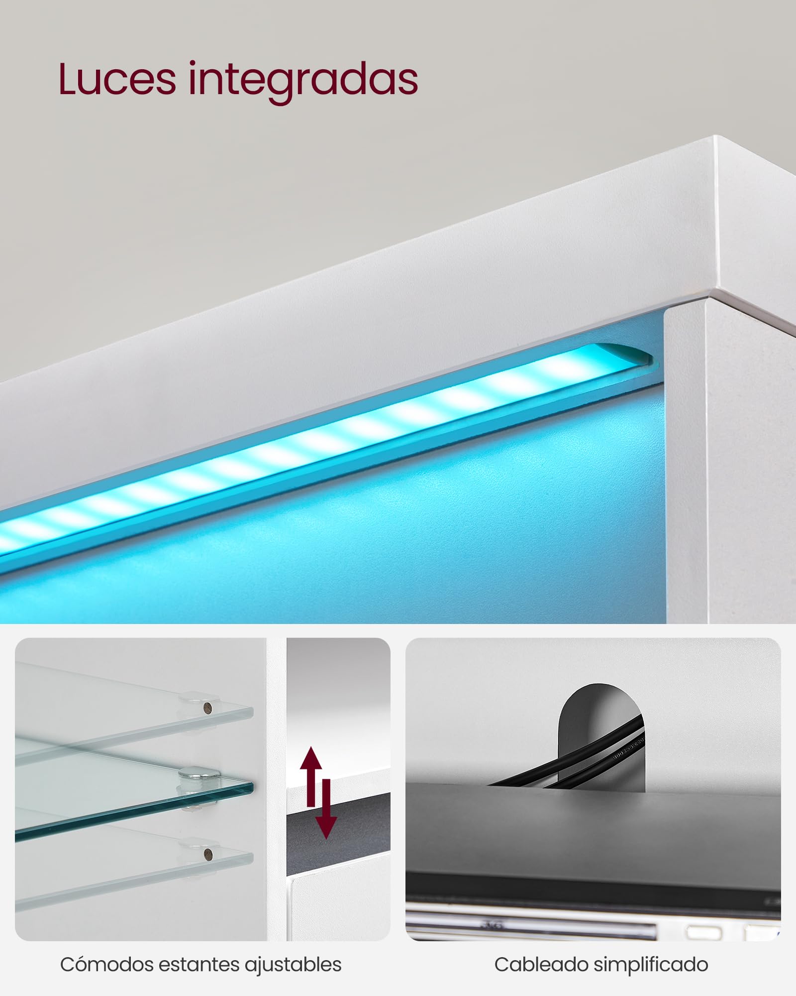 VASAGLE Kailyn Colección - Mueble de TV con LED, para Televisores hasta 70 Pulgadas, con Estantes Abiertos de Cristal, 2 Armarios con Puertas, 160 cm, Salón, Dormitorio, Blanco LTV331T10