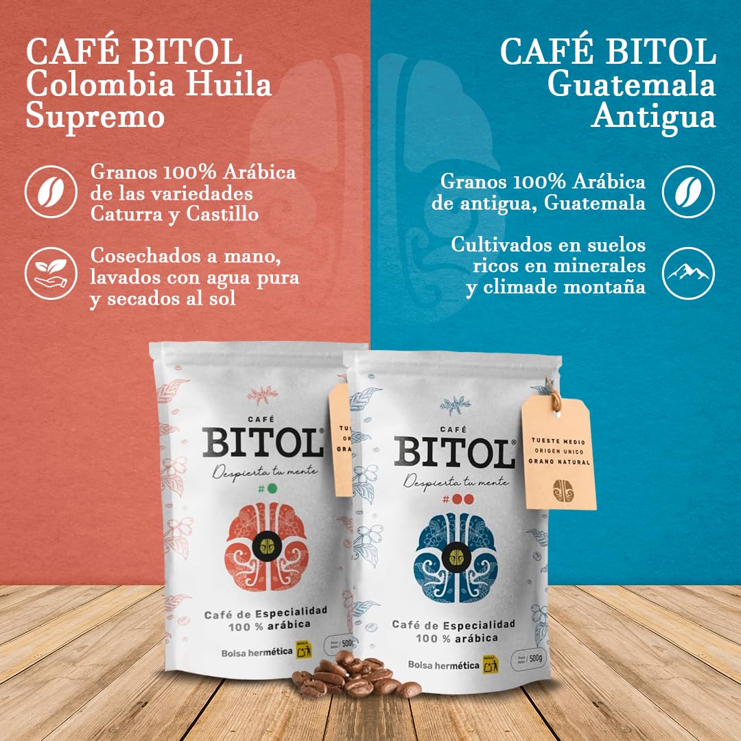 BITOL COFFEE | Café de Especialidad en Grano Natural | 100% Arábica Origen Único Colombia Huila Supremo y Guatemala Antigua | Tueste Medio Gourmet | Notas de Chocolate y Frutos Secos | 1000 gr