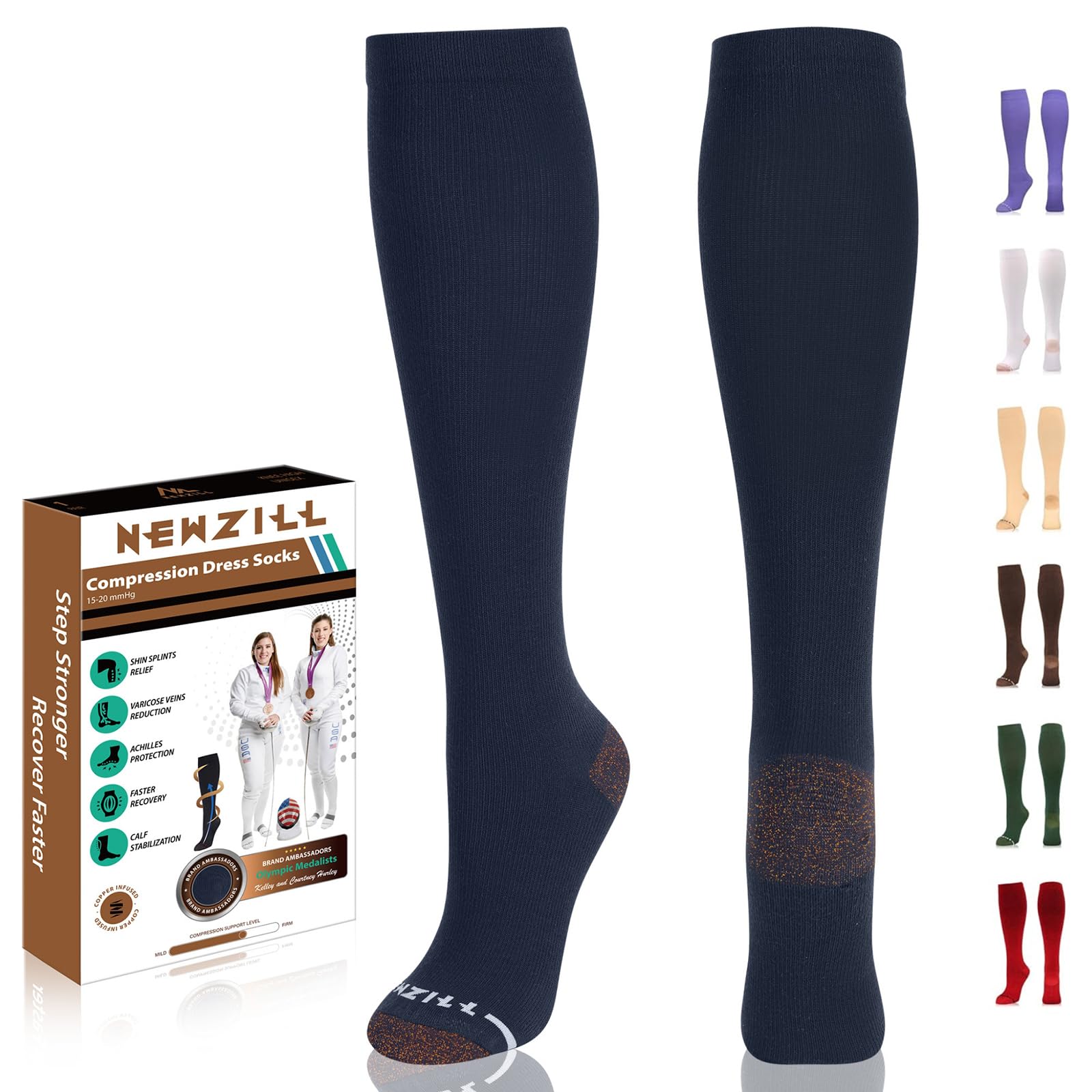 NEWZILL Copper Compression Socks 15-20mmHg for Men & Women, Medical Athletic Support for Edema, Running & Business