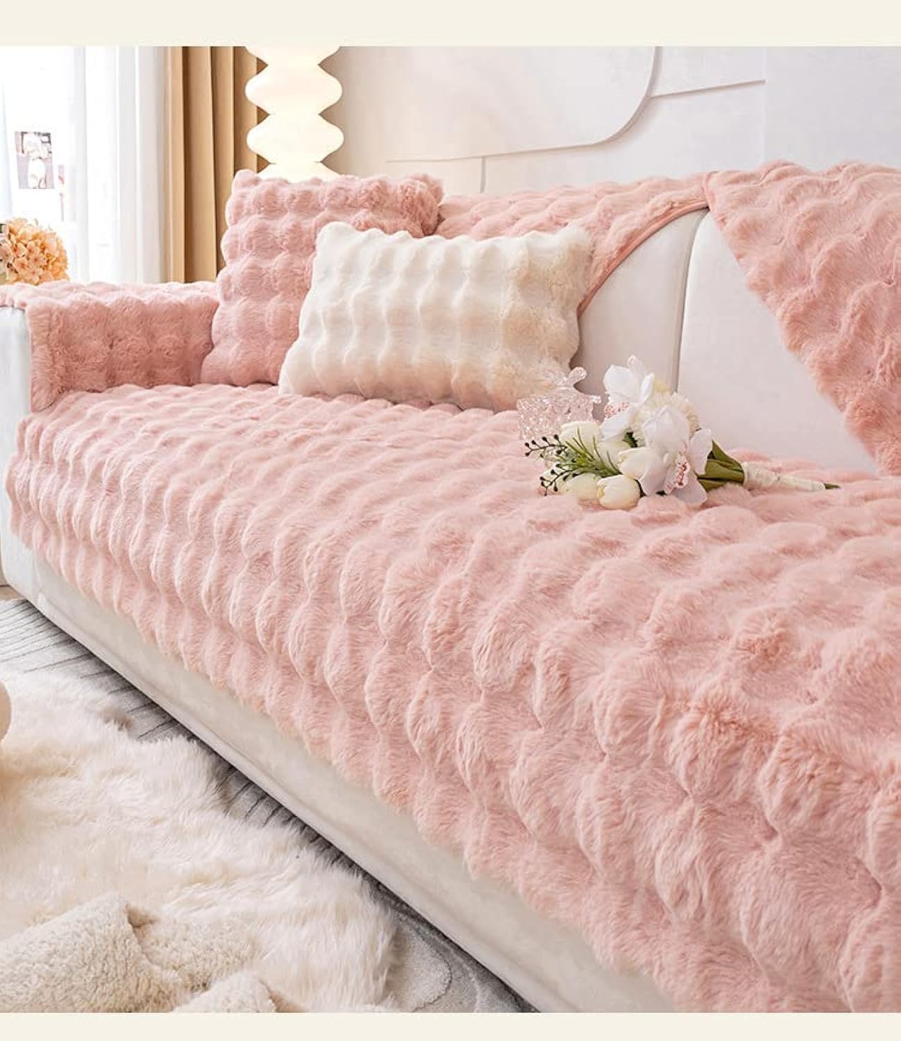 LUBOSE Plush Sofa Cushion Super Soft Thickened Plush Cushion Anti-Skid Leather Sofa Cover Sofa Towel Sofa Cover(70 * 90CM, Pink)