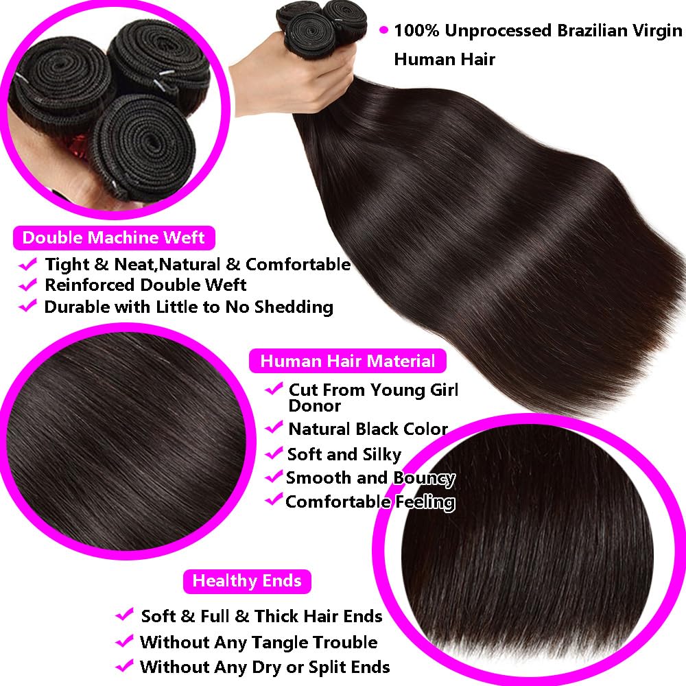 Human Hair Bundles Straight Bundles 26 28 30 Inch 12A Brazilian Virgin Weave Hair Bundles 100% Unprocessed Human Hair 3 Bundles 1B Natural Black Color Bundles Hair Extensions for Black Women