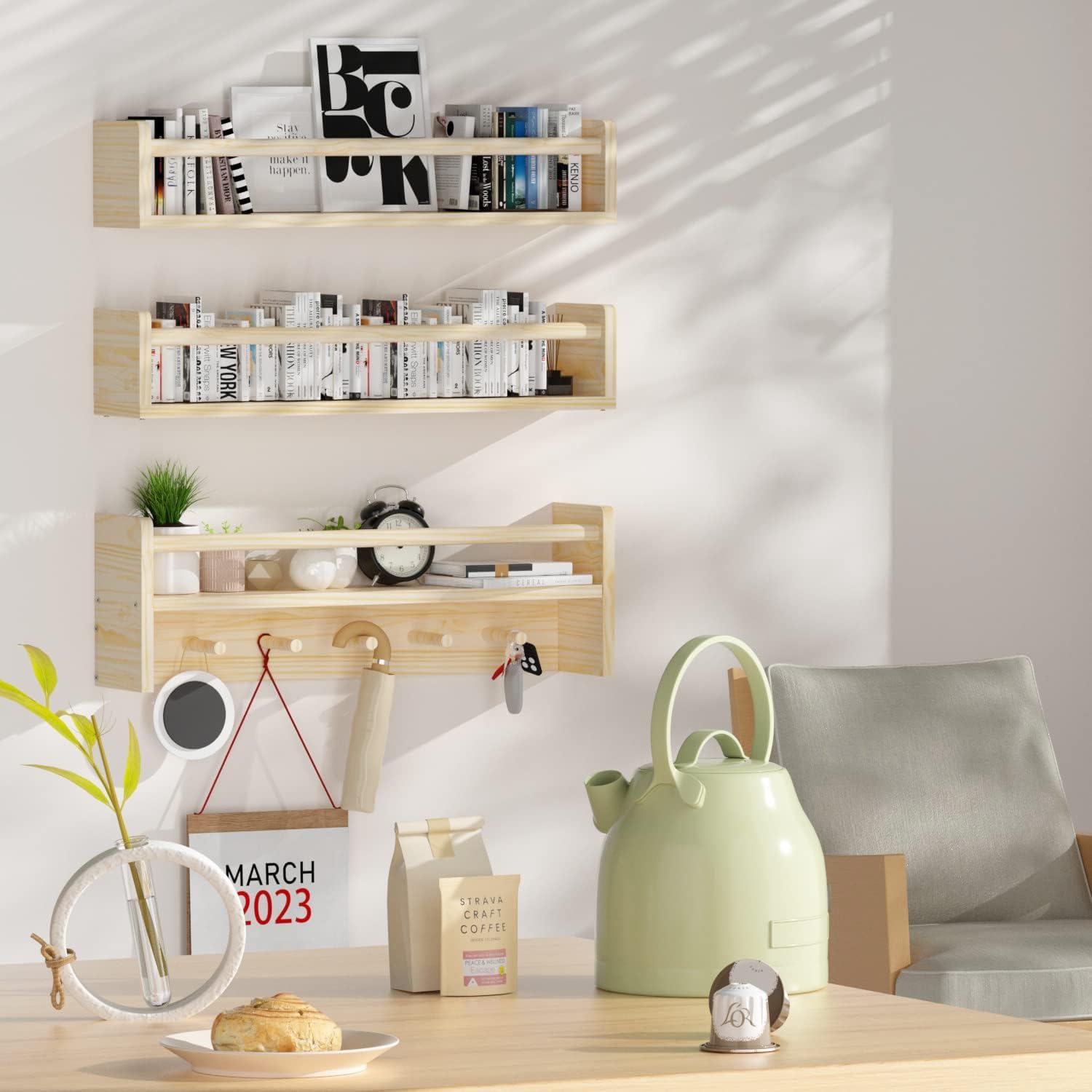 TROAKAOI 23.6 Inch Natural Wood Nursery Book Shelves, Set of 3 Floating Wall Bookshelf for Kids Room, Children's Toy Storage & Organizer, Wall Book Shelves for Bedroom Living Room Bathroom Kitchen - White