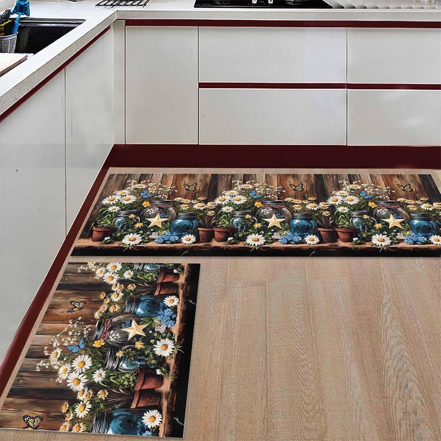 2 Pieces Kitchen Rugs and Mats,Vintage Star Butterfly Daisy Bottle Area Runner Rug Set Non Slip Floor Doormat Washable Carpet Standing Mat for Kitchen Sink Indoor Corridor,Rustic Retro Wood Texture