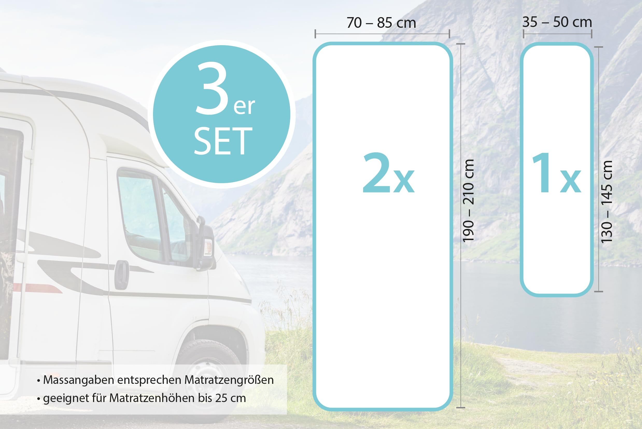 3-teiliges Set für Wohnmobile oder Wohnwagen, Spannbettlaken Heckbett - Single-Jersey - 97% Baumwolle, 3% Elastan - Größe 70x190 cm - 85x210 cm (2X) + 35x130-50x145 (beige) von Castejo