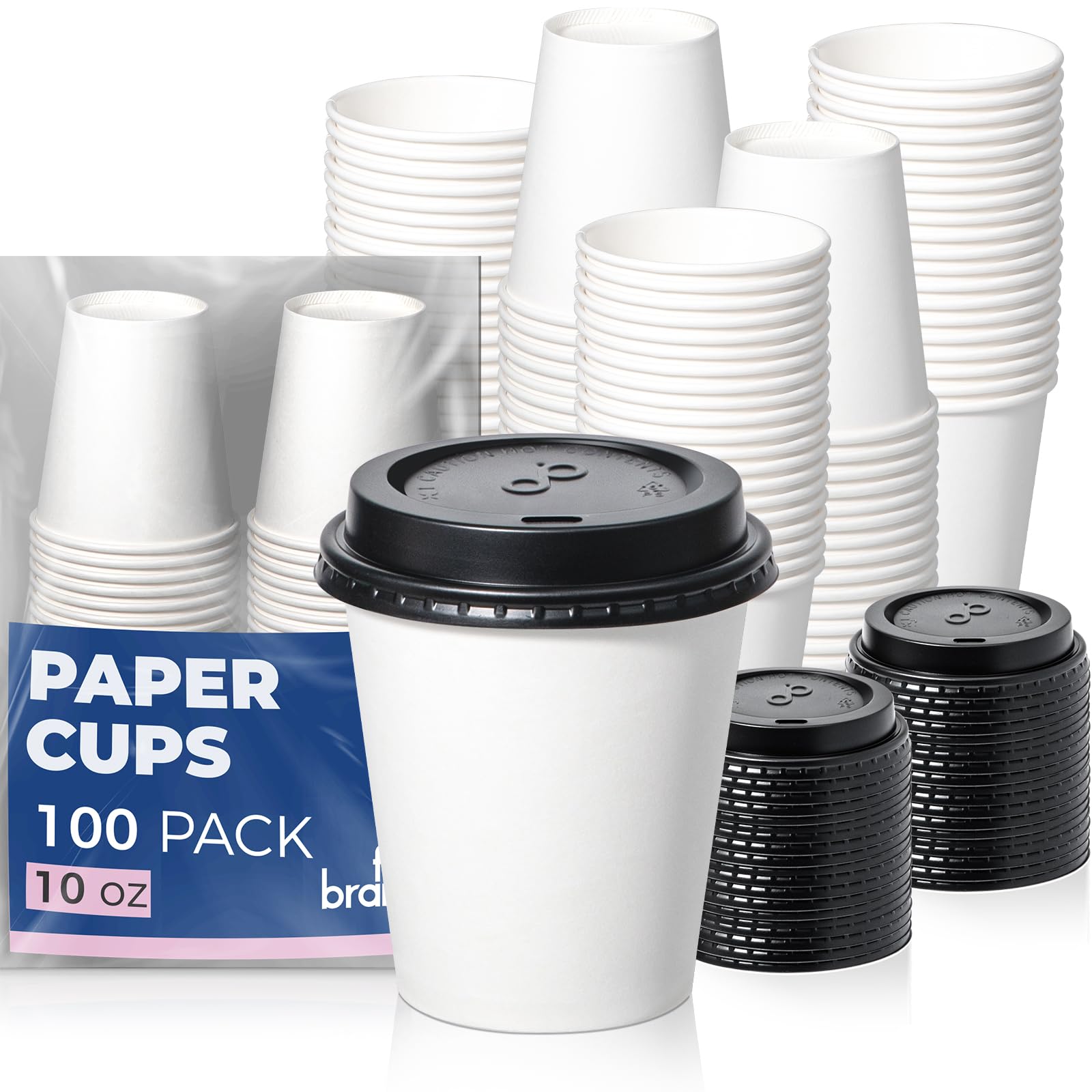 Fit Meal Prep 100 Pack 10 oz Disposable Coffee Cups with Lids, Premium Paper To Go Cups for Hot/Cold Beverages, Leak Proof Travel Cups for Cold/Hot Beverage, Office (Black Lids)