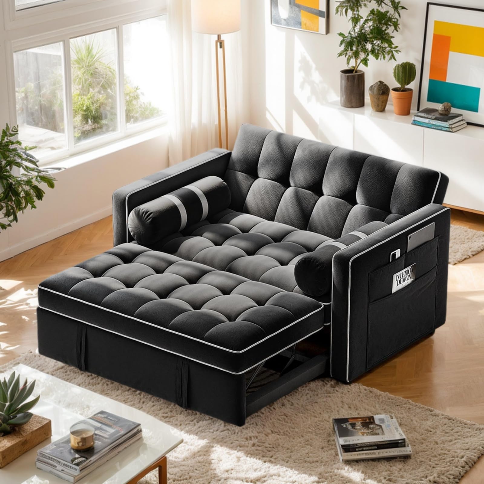 Pipishell 3 in 1 Convertible Sleeper Sofa Bed,Pull Out Couch for Living Room with USB Ports & Side Pockets,Adjustable Backrest,Velvet,Loveseat Sofa