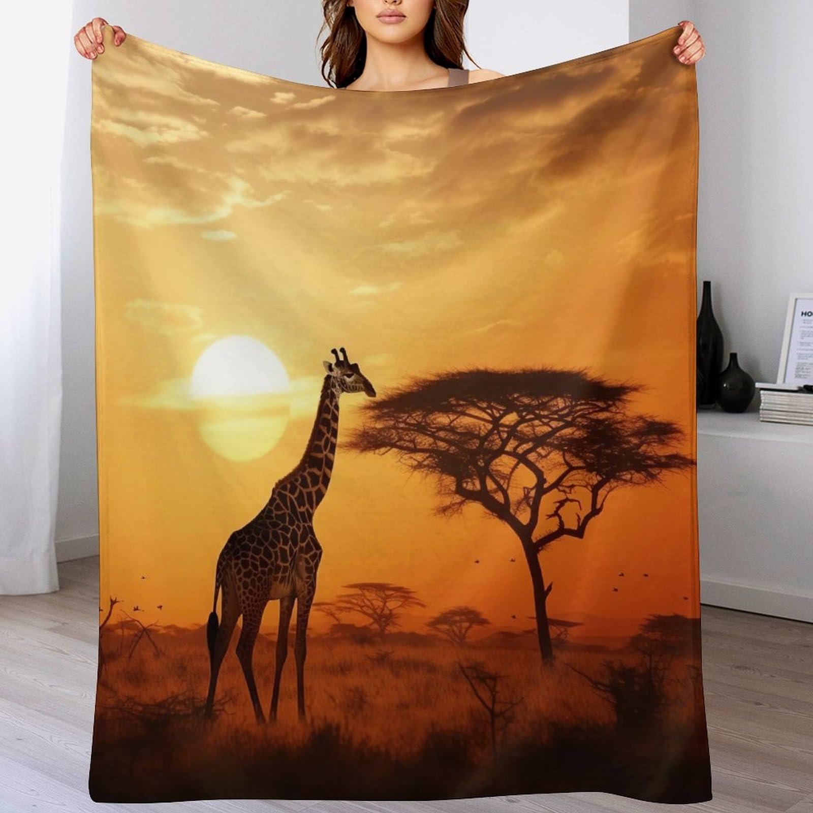 Couverture jeté flannel motif girafe doux chaud canapé sofa 130x150