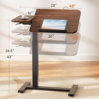 GTPLAYER Overbed Bedside Table with Wheels,Tiltable Hospital Bed Table Over The Bed, Pneumatic Adjustable Rolling Laptop Desk, Mobile Standing Desk for Hospital and Home Use (Walnut)