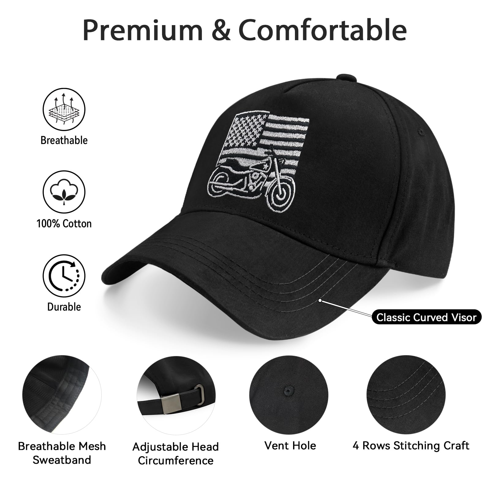 Gorra de béisbol patriótica de tamaño ajustable para motocicleta, regalos para hombres, reuniones de bicicleta o salidas casuales, Negro, Mediana 2