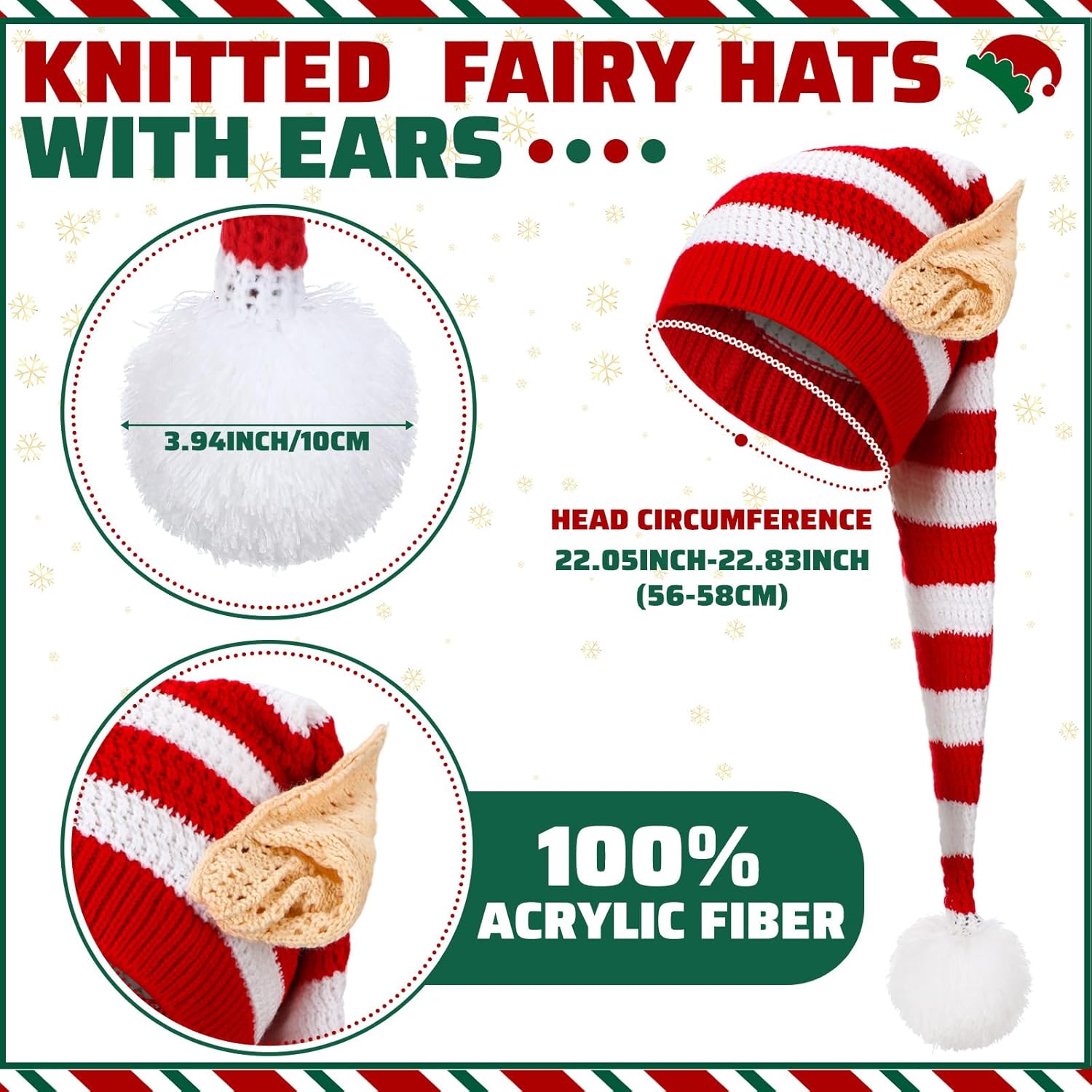 Funtery Christmas Knitted Elf Hats with Ears for Adults Women Men Red and White Elf Beanie Crochet Long Santa Hats Beanie Elf Costume Accessories Ideal for Christmas Celebrations - Image 4
