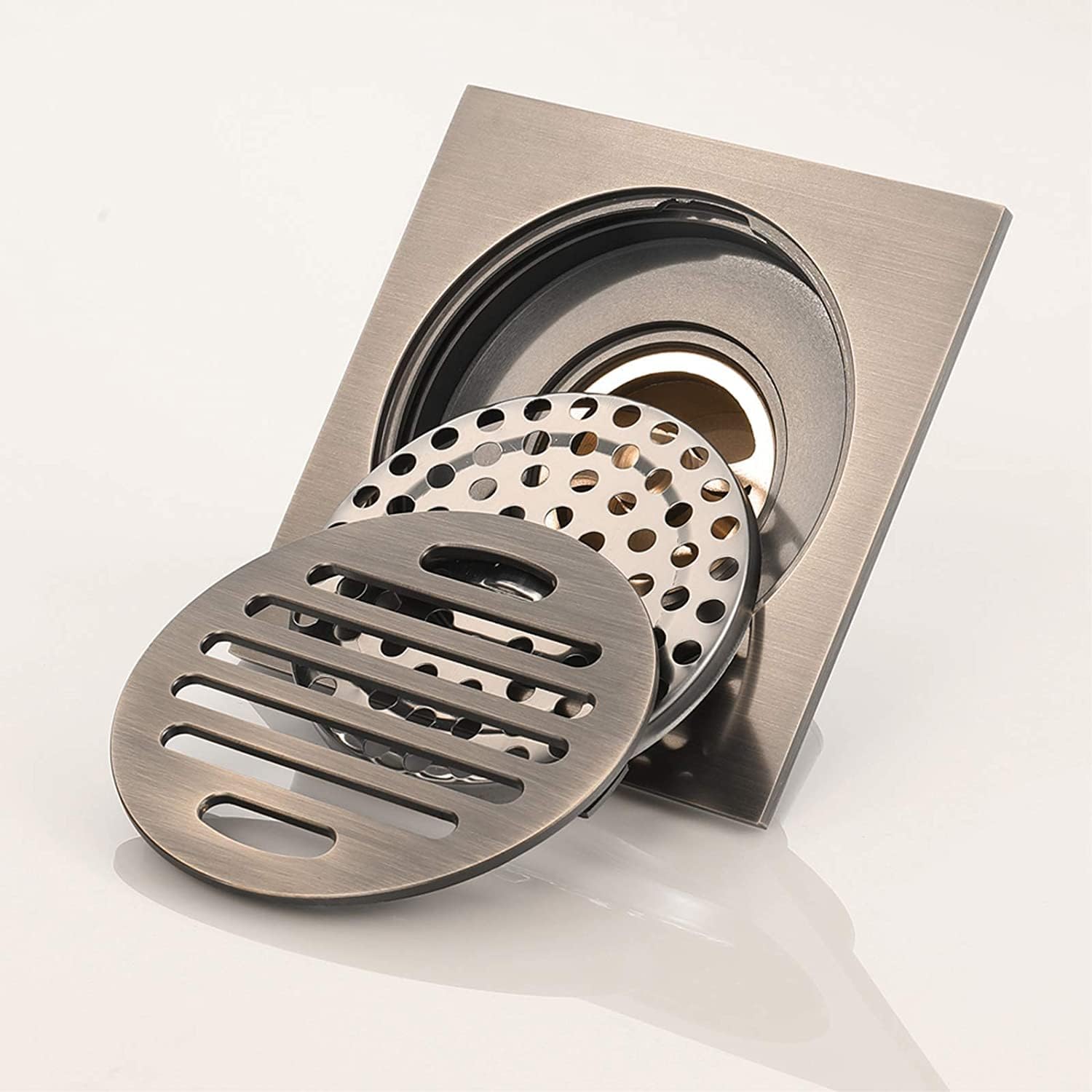 床排水口カバー、床排水口フィルター、4インチスクエア真鍮アンティークブロンズシャワー、取り外し可能なカバー付き浴室シャワー、真鍮消臭